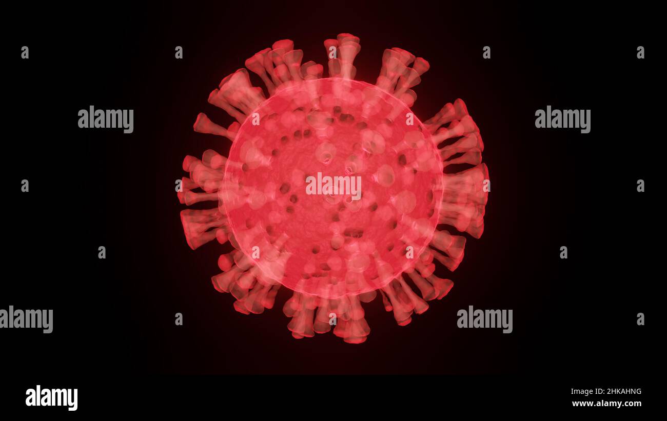 Illustration conceptuelle d'une radiographie d'une cellule virale rouge sur fond noir Banque D'Images