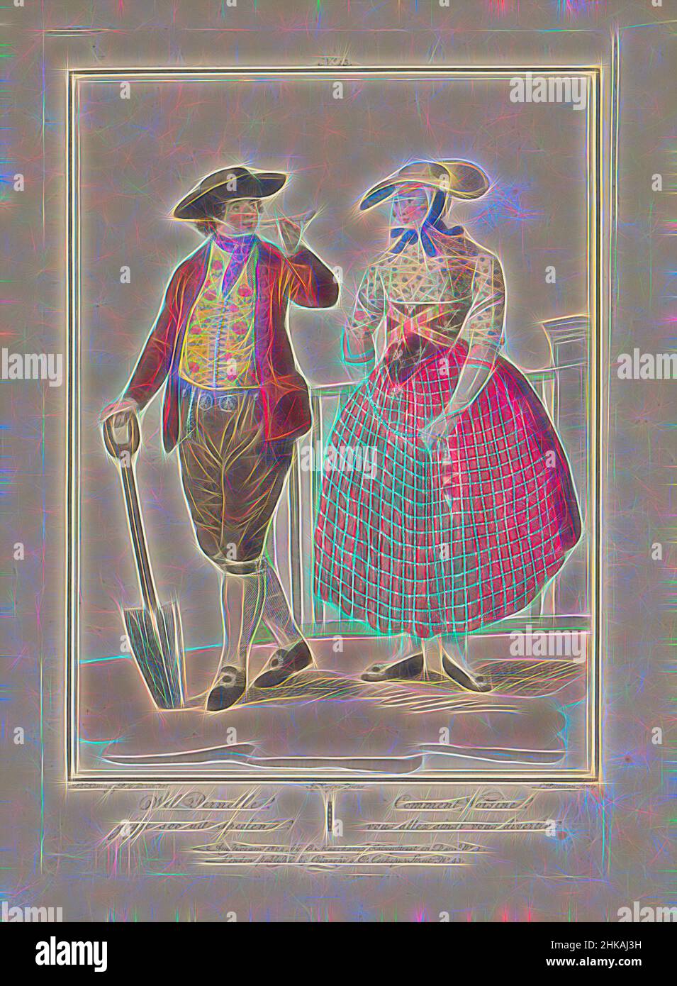 Inspiré par l'homme et la femme de Beveland Sud, bien Pernelle! Goijje soo out speelen?, Commentaire, Voisine! Vous êtes en costume d'homme et de femme de l'île Zeeland de Zuid-Beveland. Fermier tenant une bêche, et femme portant une large jupe rouge. Quatrième tranche de quatre plaques, repensée par Artotop. L'art classique réinventé avec une touche moderne. Conception de lumière chaleureuse et gaie, de luminosité et de rayonnement de lumière. La photographie s'inspire du surréalisme et du futurisme, embrassant l'énergie dynamique de la technologie moderne, du mouvement, de la vitesse et révolutionne la culture Banque D'Images