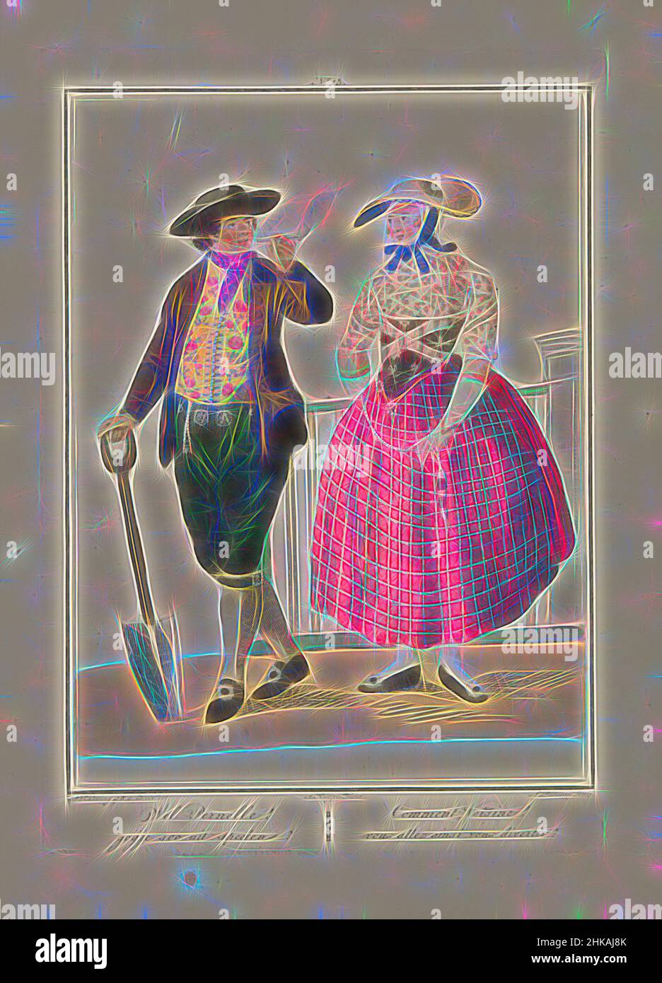 Inspiré par l'homme et la femme de Beveland Sud, bien Pernelle! Goijje soo out speelen?, Commentaire, Voisine! Vous êtes en costume d'homme et de femme de l'île Zeeland de Zuid-Beveland. Fermier tenant une bêche, et femme portant une large jupe rouge. Partie d'une édition liée de la série, repensée par Artotop. L'art classique réinventé avec une touche moderne. Conception de lumière chaleureuse et gaie, de luminosité et de rayonnement de lumière. La photographie s'inspire du surréalisme et du futurisme, embrassant l'énergie dynamique de la technologie moderne, du mouvement, de la vitesse et révolutionne la culture Banque D'Images