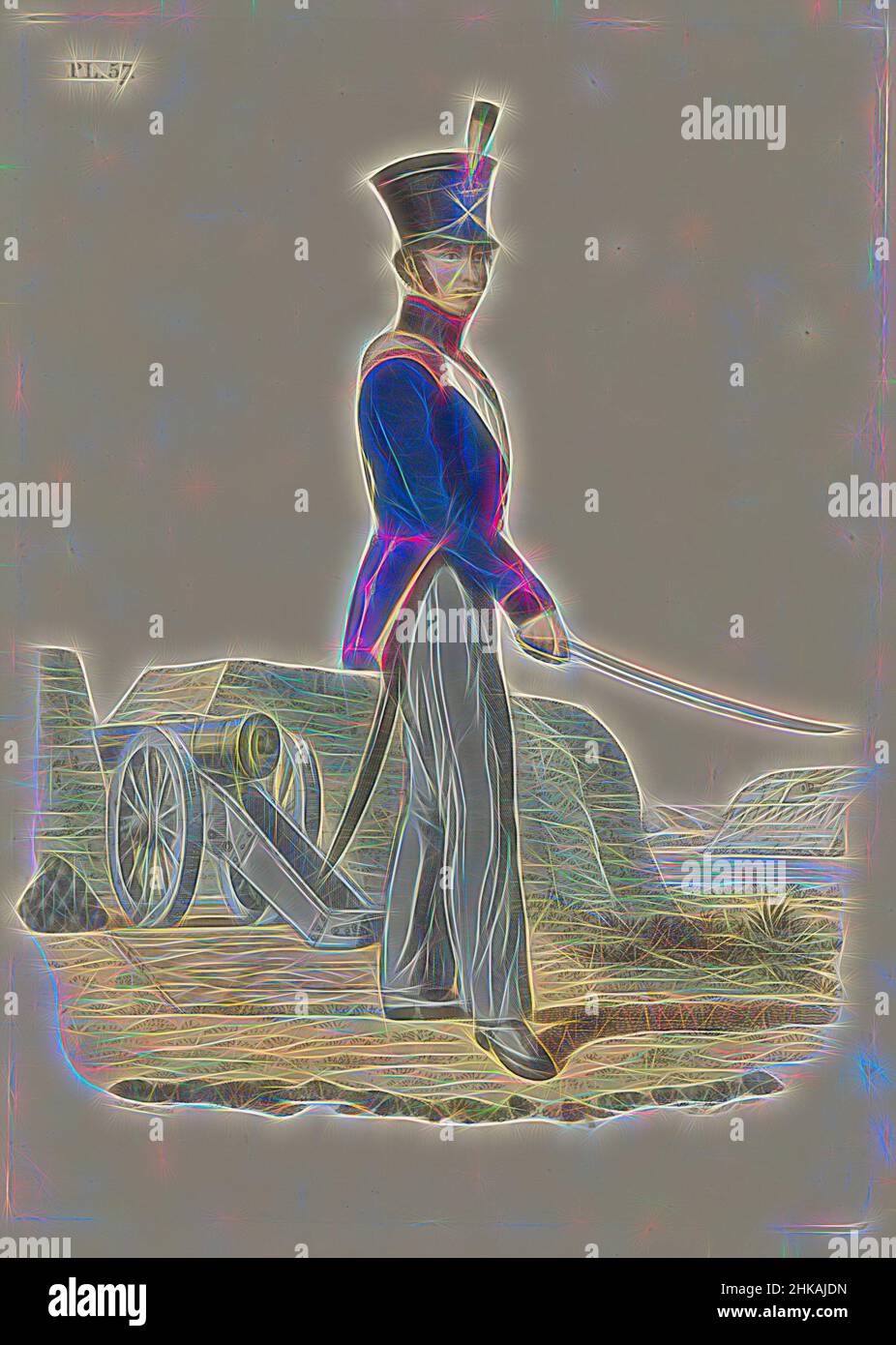 Inspiré par Gunner de la Milice nationale de l'Artillerie, Un tireur hollandais de l'artillerie de la Milice nationale. Debout avec du sabre tiré, près d'un morceau d'artillerie. Tôle 57. Représentation uniforme de J.F. dans 'Suite de la Description des troupes hollandaises royales' Teupken, 1826., imprimeur, repensé par Artotop. L'art classique réinventé avec une touche moderne. Conception de lumière chaleureuse et gaie, de luminosité et de rayonnement de lumière. La photographie s'inspire du surréalisme et du futurisme, embrassant l'énergie dynamique de la technologie moderne, du mouvement, de la vitesse et révolutionne la culture Banque D'Images