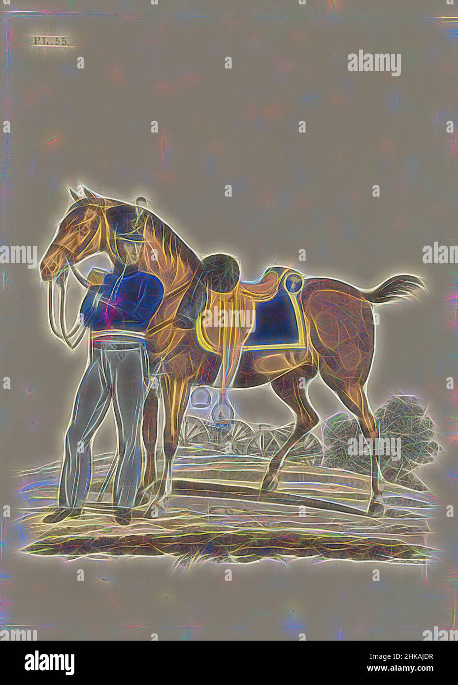 Inspiré par l'officier (capitaine) de l'Artillerie de campagne, avec un cheval porté, Un capitaine hollandais d'artillerie de campagne, avec un cheval. Tôle 55. Présentation uniforme dans 'Suite de la Description des Forces néerlandaises royales' par J.F. Teupken, 1826., dessinateur: Joannes Bemme, dessinateur intermédiaire, réimaginé par Artotop. L'art classique réinventé avec une touche moderne. Conception de lumière chaleureuse et gaie, de luminosité et de rayonnement de lumière. La photographie s'inspire du surréalisme et du futurisme, embrassant l'énergie dynamique de la technologie moderne, du mouvement, de la vitesse et révolutionne la culture Banque D'Images