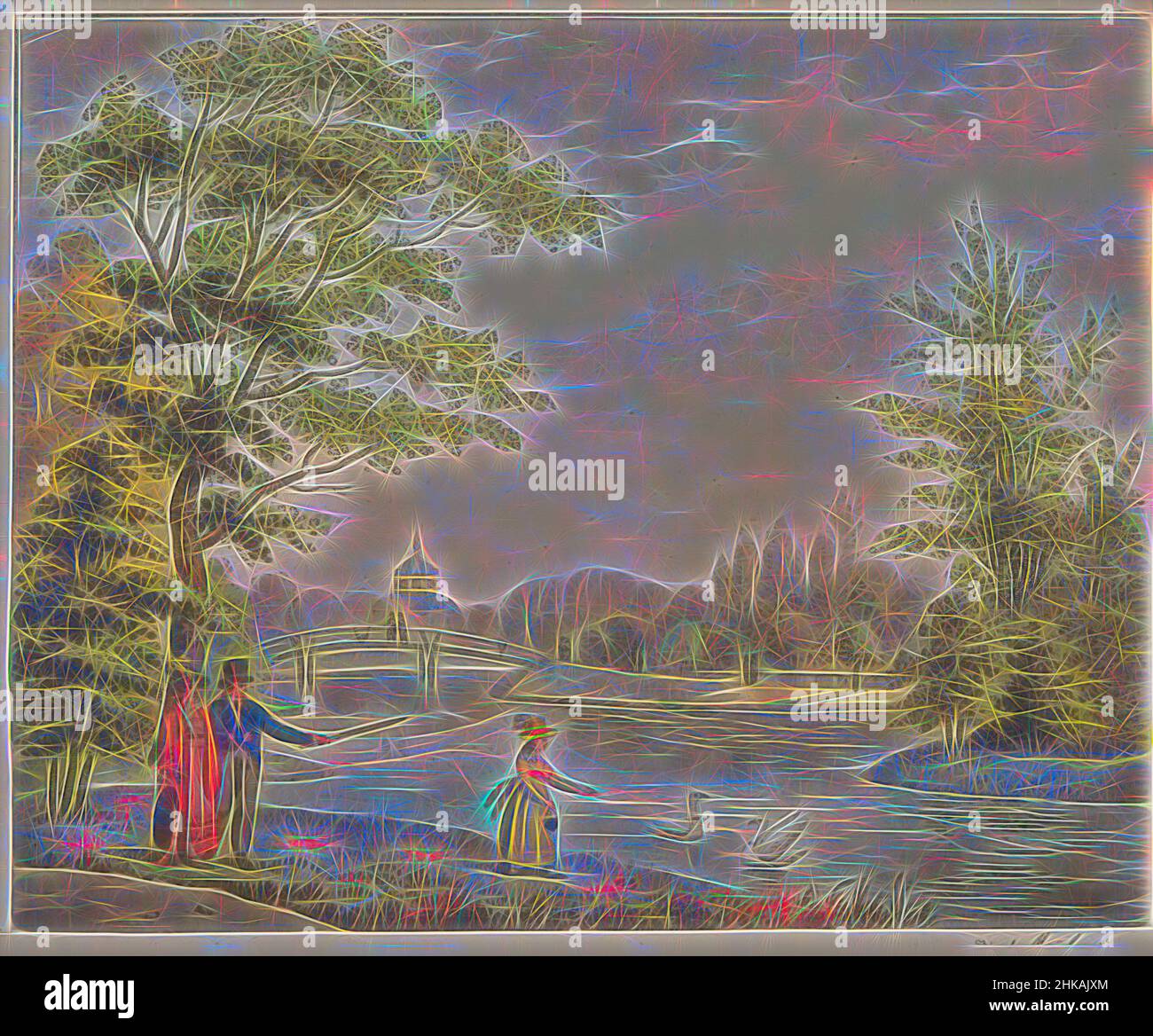 Inspiré par les jardins près de huis Ten Bosch, c. 1825, Gezigt op de Zwitsersche nabij brug ende Vijver, het huis in het Bosch te s'Gravenhaage, vue sur la Pont Suisse et le Vivier, appartenant au palais au Bois - à la Haije -, vue sur le pont suisse et l'étang dans les jardins près de Paleis huis Ten Bosch, Repensé par Artotop. L'art classique réinventé avec une touche moderne. Conception de lumière chaleureuse et gaie, de luminosité et de rayonnement de lumière. La photographie s'inspire du surréalisme et du futurisme, embrassant l'énergie dynamique de la technologie moderne, du mouvement, de la vitesse et révolutionne la culture Banque D'Images
