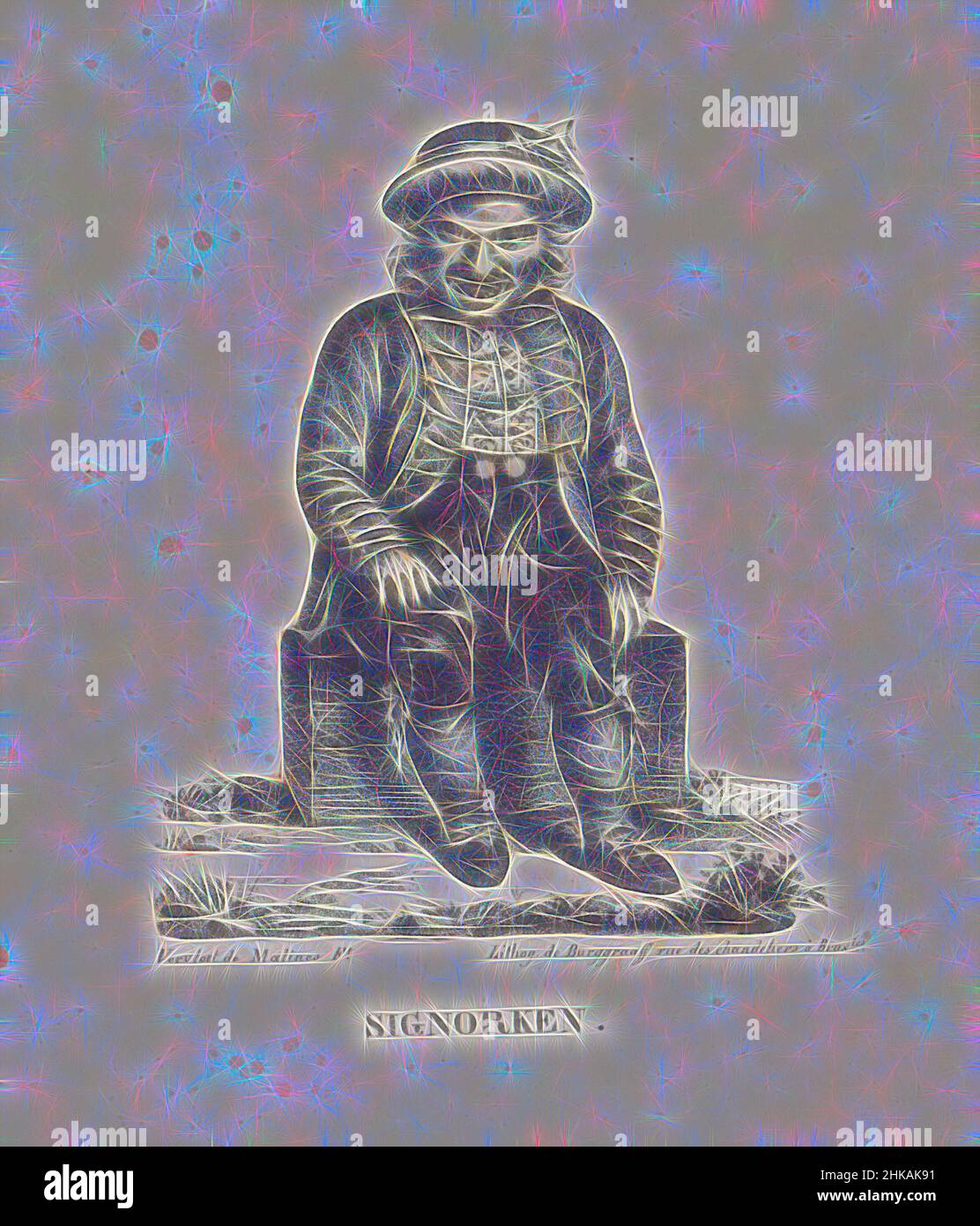 Inspiré par Sinjoorke, 1825 ans, Signorken, figure assise nommée Signorken (Sinjoorke ou Opsinjoorke), ou le « marié ». Cette figure du folklore de Mechelen conclut l'ommegang pour Saint Rombout. Le cortège a eu lieu les 28 juin, 5 et 12 juillet 1825. Illustration dans une publication célébrant le, repensée par Artotop. L'art classique réinventé avec une touche moderne. Conception de lumière chaleureuse et gaie, de luminosité et de rayonnement de lumière. La photographie s'inspire du surréalisme et du futurisme, embrassant l'énergie dynamique de la technologie moderne, du mouvement, de la vitesse et révolutionne la culture Banque D'Images