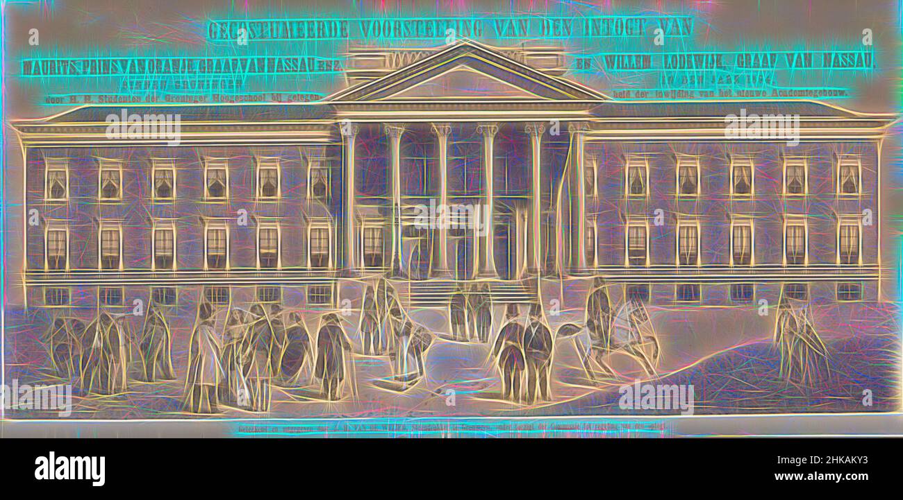 Inspiré par la procession historique des étudiants du Groningen College, 1850 (impression du titre), représentation costumée de l'entrée de Maurits, Prince d'Orange, Comte de Nassau etc. Et Willem Lodewijk, Comte de Nassau, à Groningen en 1594, par des étudiants H.H. du Groninger College sur le, Repensé par Artotop. L'art classique réinventé avec une touche moderne. Conception de lumière chaleureuse et gaie, de luminosité et de rayonnement de lumière. La photographie s'inspire du surréalisme et du futurisme, embrassant l'énergie dynamique de la technologie moderne, du mouvement, de la vitesse et révolutionne la culture Banque D'Images