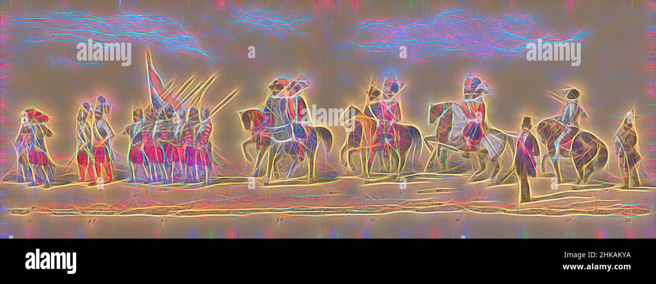 Inspiré par la procession historique des étudiants du Groningse Hogeschool, 1850 (planche 7), représentation costumée de l'entrée de Maurits, Prince d'Orange, Comte de Nassau etc. Et Willem Lodewijk, Comte de Nassau, à Groningen en 1594, par des étudiants H.H. du Groninger College sur le, Repensé par Artotop. L'art classique réinventé avec une touche moderne. Conception de lumière chaleureuse et gaie, de luminosité et de rayonnement de lumière. La photographie s'inspire du surréalisme et du futurisme, embrassant l'énergie dynamique de la technologie moderne, du mouvement, de la vitesse et révolutionne la culture Banque D'Images