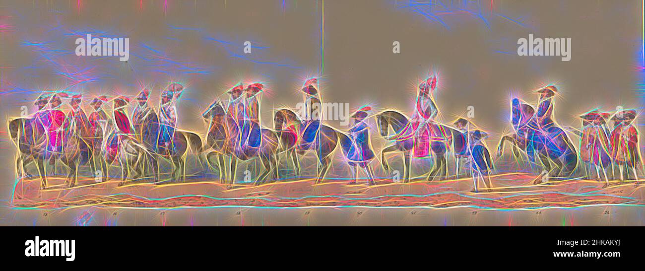 Inspiré par la procession historique des étudiants du Groningse Hogeschool, 1850 (planche 3), représentation costumée de l'entrée de Maurits, Prince d'Orange, Comte de Nassau etc. Et Willem Lodewijk, Comte de Nassau, à Groningen en 1594, par des étudiants H.H. du Groninger College sur le, Repensé par Artotop. L'art classique réinventé avec une touche moderne. Conception de lumière chaleureuse et gaie, de luminosité et de rayonnement de lumière. La photographie s'inspire du surréalisme et du futurisme, embrassant l'énergie dynamique de la technologie moderne, du mouvement, de la vitesse et révolutionne la culture Banque D'Images