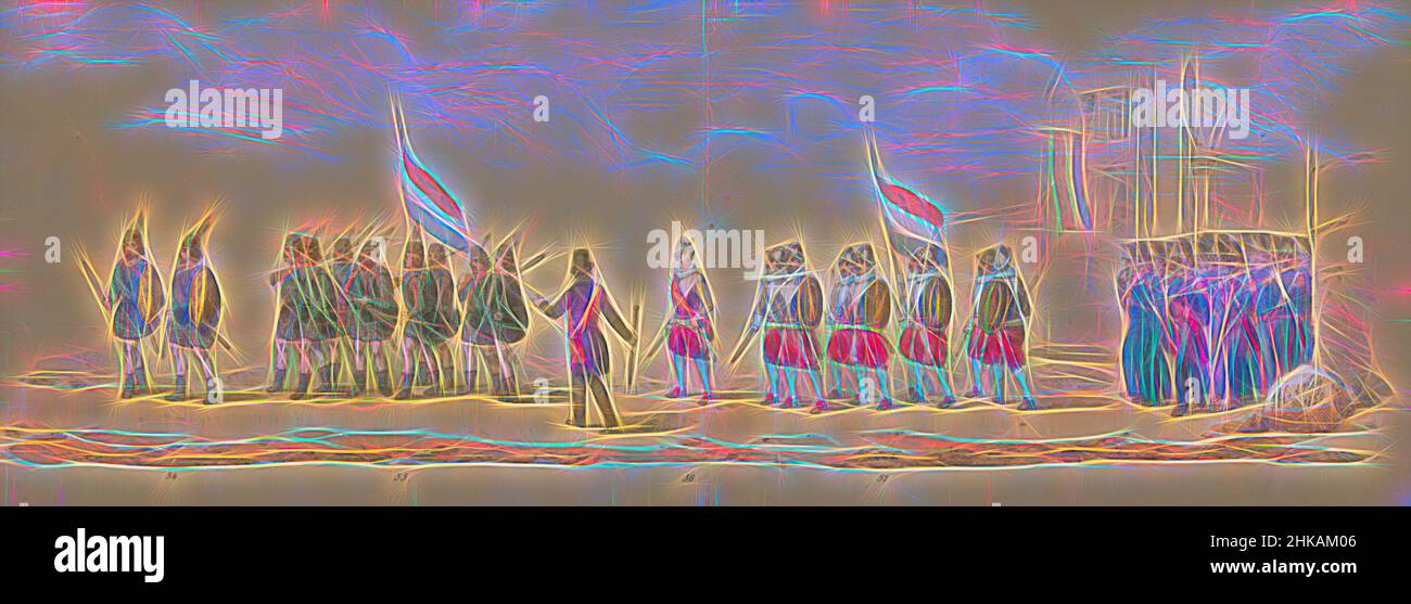 Inspiré par la procession historique des étudiants du Groningse Hogeschool, 1850 (planche 8), représentation costumée de l'entrée de Maurits, Prince d'Orange, Comte de Nassau etc. Et Willem Lodewijk, Comte de Nassau, à Groningen en 1594, par des étudiants H.H. du Groninger College sur le, Repensé par Artotop. L'art classique réinventé avec une touche moderne. Conception de lumière chaleureuse et gaie, de luminosité et de rayonnement de lumière. La photographie s'inspire du surréalisme et du futurisme, embrassant l'énergie dynamique de la technologie moderne, du mouvement, de la vitesse et révolutionne la culture Banque D'Images