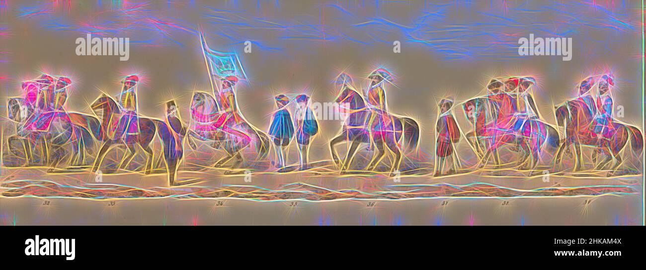 Inspiré par la procession historique des étudiants du Groningse Hogeschool, 1850 (planche 5), représentation costumée de l'entrée de Maurits, Prince d'Orange, Comte de Nassau etc. Et Willem Lodewijk, Comte de Nassau, à Groningen en 1594, par des étudiants H.H. du Groninger College sur le, Repensé par Artotop. L'art classique réinventé avec une touche moderne. Conception de lumière chaleureuse et gaie, de luminosité et de rayonnement de lumière. La photographie s'inspire du surréalisme et du futurisme, embrassant l'énergie dynamique de la technologie moderne, du mouvement, de la vitesse et révolutionne la culture Banque D'Images