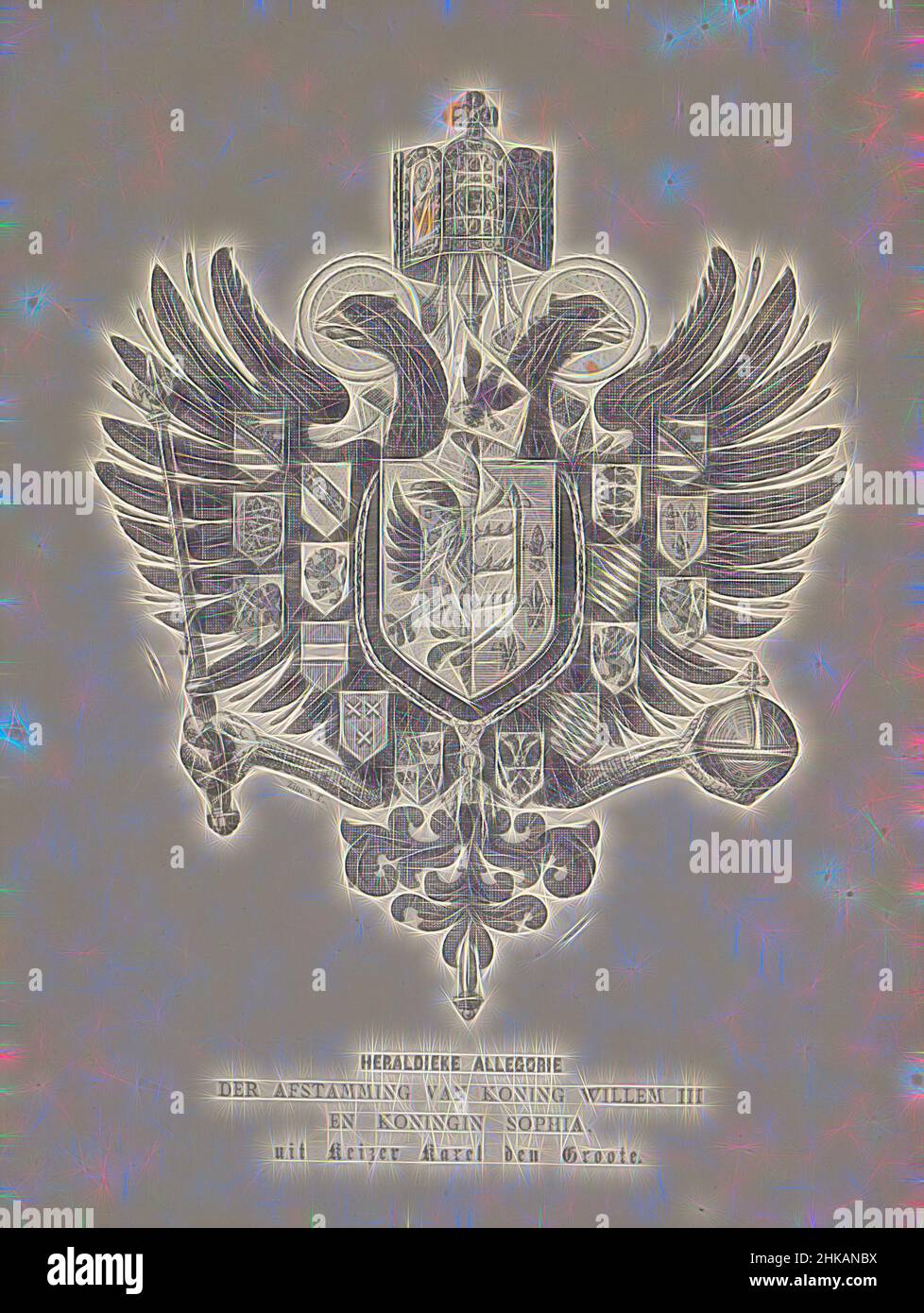 Inspiré par l'allégorie héraldique de la descente du roi Guillaume III et de la reine Sophia de l'empereur Charles le Grand [1874, Imprimeur:, pays-Bas, 1874, papier, Hauteur 282 mm × largeur 219 mm, repensé par Artotop. L'art classique réinventé avec une touche moderne. Conception de lumière chaleureuse et gaie, de luminosité et de rayonnement de lumière. La photographie s'inspire du surréalisme et du futurisme, embrassant l'énergie dynamique de la technologie moderne, du mouvement, de la vitesse et révolutionne la culture Banque D'Images