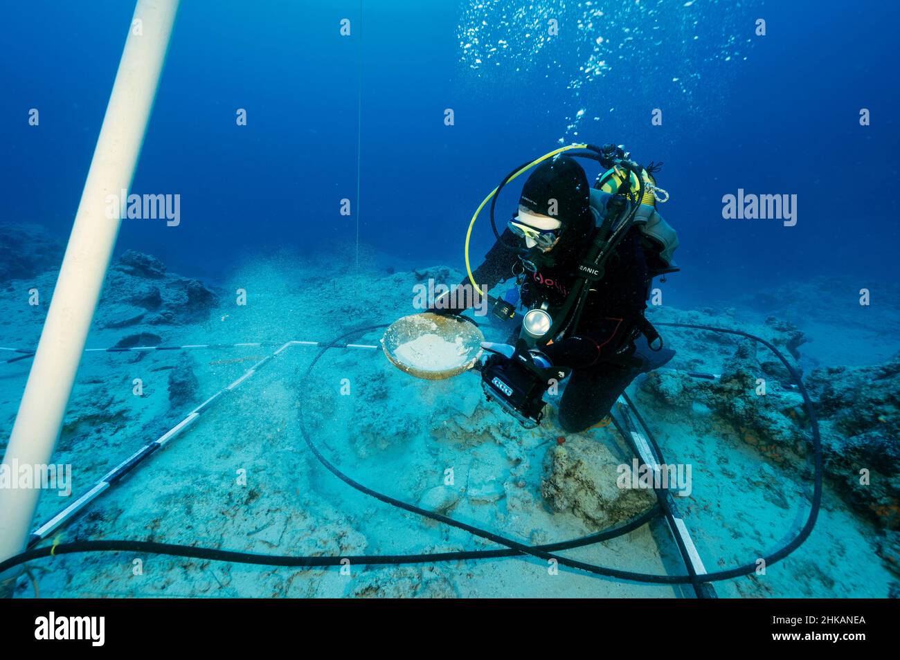 Archéologues sous-marins creusant BC 2nd siècle naufrage à Bozburun Marmaris Turquie. Banque D'Images