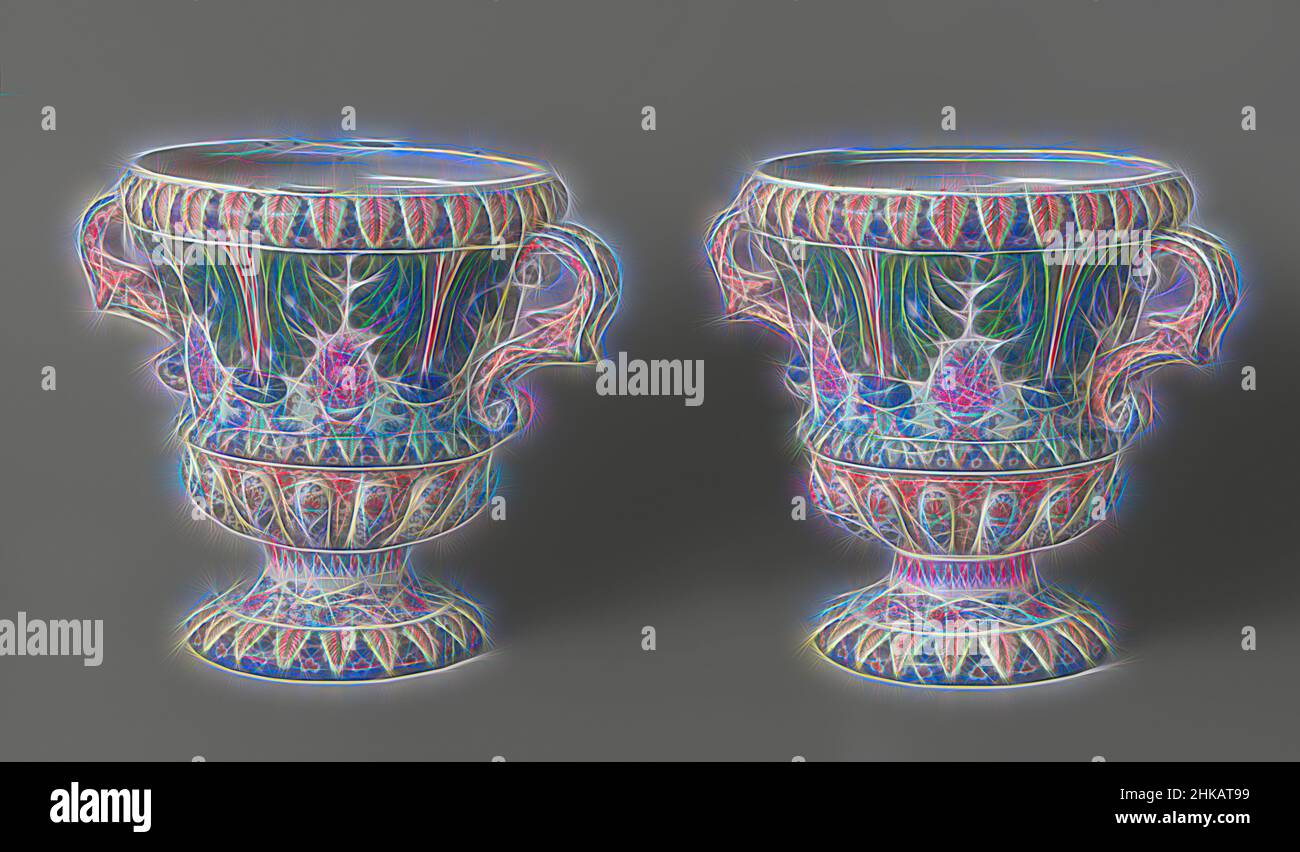 Inspiré par une paire de vases de jardin, vase de faïence, peinture multicolore, vase de jardin en faïence. Le vase se tient sur une base basse constriée et a deux oreilles avec des volutes. Le vase est arrondi au fond et a des grunts. Sur le corps de grandes feuilles d'acanthus vert en relief, pendant de, réimaginé par Artotop. L'art classique réinventé avec une touche moderne. Conception de lumière chaleureuse et gaie, de luminosité et de rayonnement de lumière. La photographie s'inspire du surréalisme et du futurisme, embrassant l'énergie dynamique de la technologie moderne, du mouvement, de la vitesse et révolutionne la culture Banque D'Images