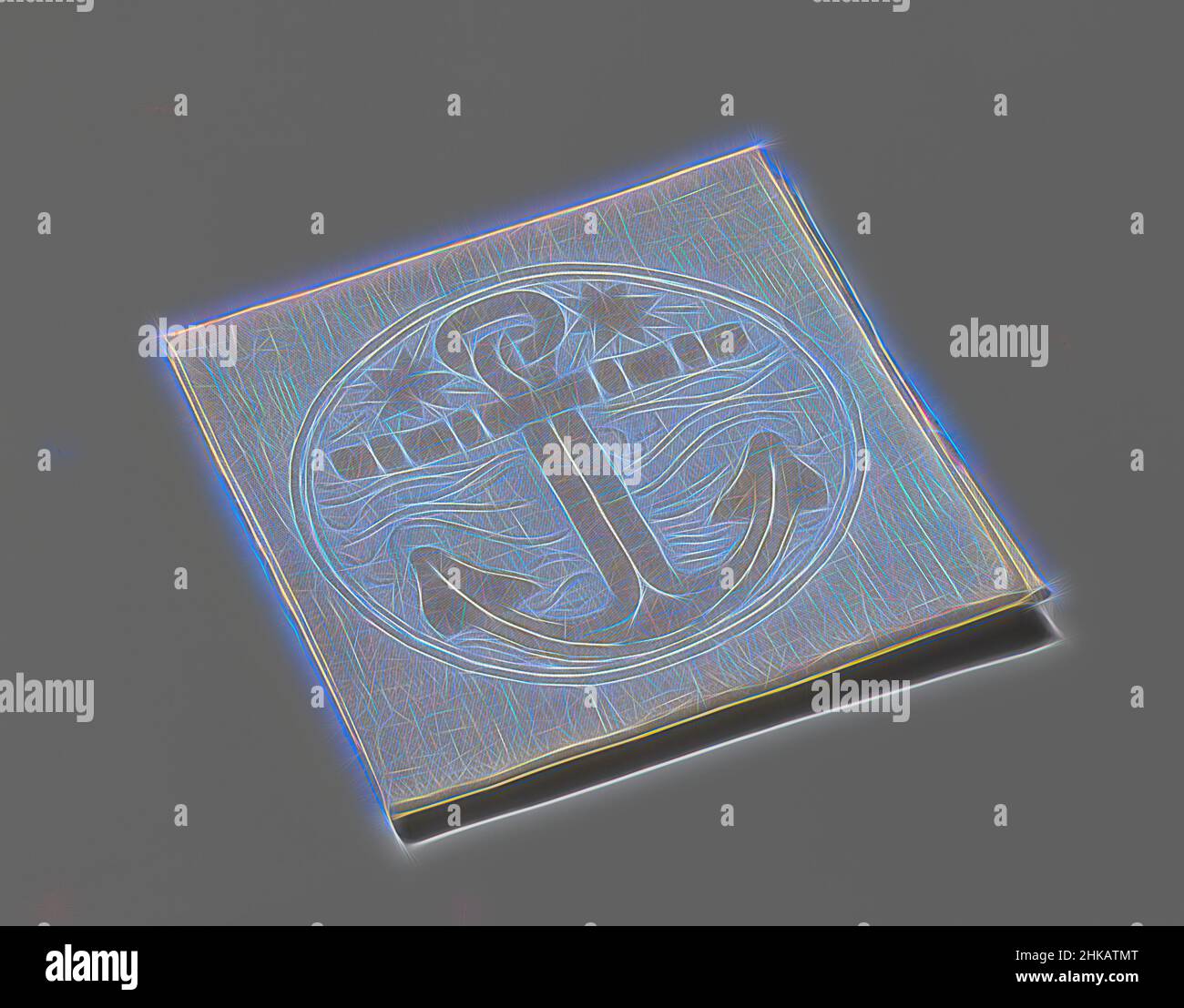 S'inspirant de la serviette en lin damassé, la serviette en lin jaune damassé est décorée d'un médaillon avec ancre et étoiles et branches en chêne dans les coins. Warp jaune, blanc trame., Eindhoven, c. 1900 - c. 1950, lin (matériau), damassé, hauteur 56,5 cm × largeur 53,0 cm, repensé par Artotop. L'art classique réinventé avec une touche moderne. Conception de lumière chaleureuse et gaie, de luminosité et de rayonnement de lumière. La photographie s'inspire du surréalisme et du futurisme, embrassant l'énergie dynamique de la technologie moderne, du mouvement, de la vitesse et révolutionne la culture Banque D'Images