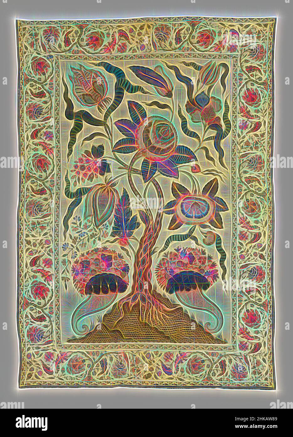 Inspiré par le couvre-lit ou la palempore de satin, décoré d'un arbre avec de grandes fleurs et deux cornes de l'abondance, couvre-lit ou palempore de satin, décoré d'un arbre avec de grandes fleurs et deux cornes de l'abondance., Coromandelkust, c. 1750 - c. 1775, coton (textile), longueur 315,0 cm × largeur 220,0 cm, repensé par Artotop. L'art classique réinventé avec une touche moderne. Conception de lumière chaleureuse et gaie, de luminosité et de rayonnement de lumière. La photographie s'inspire du surréalisme et du futurisme, embrassant l'énergie dynamique de la technologie moderne, du mouvement, de la vitesse et révolutionne la culture Banque D'Images