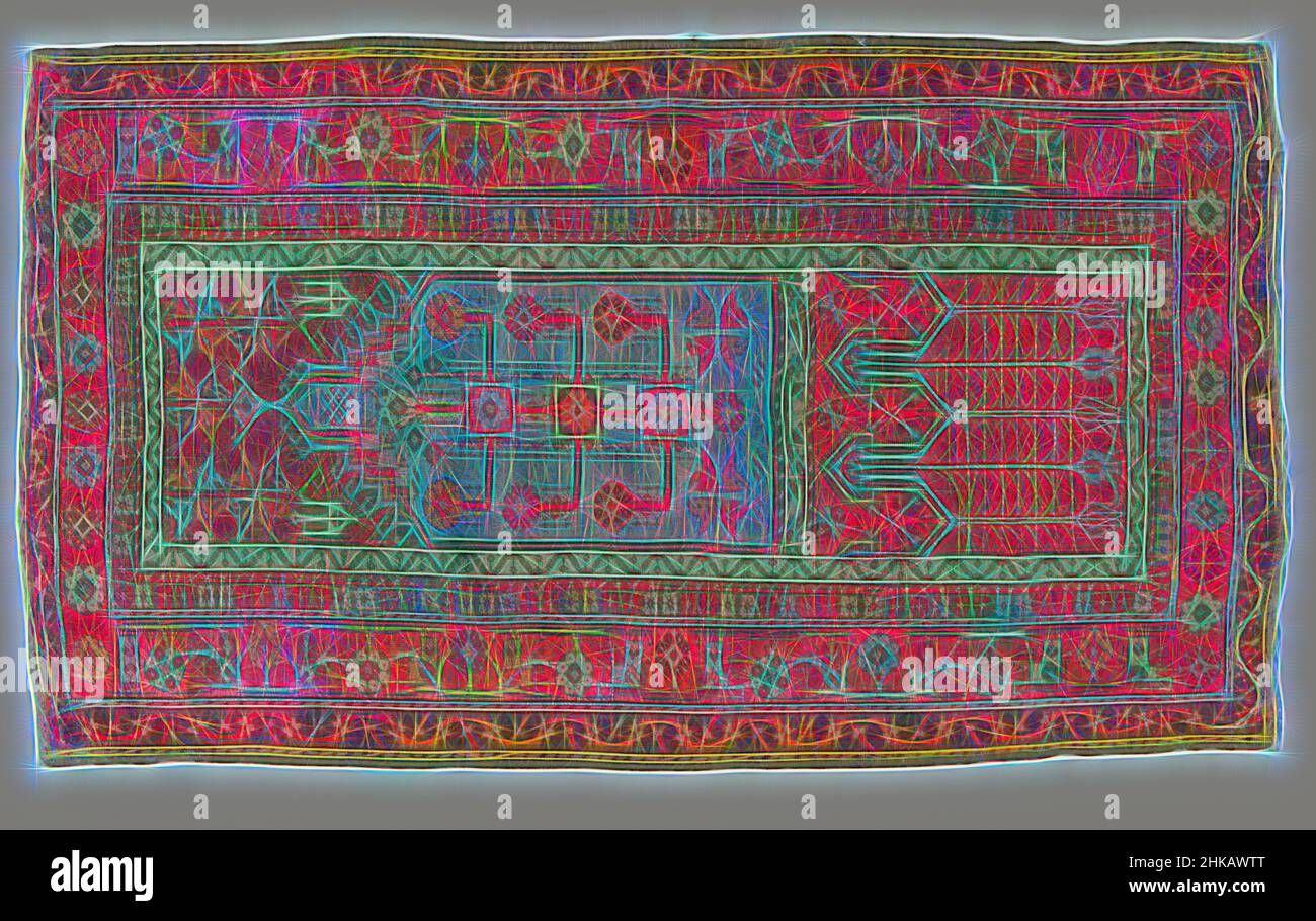 Inspiré par un tapis de prière avec empiècement inférieur en croix, LALIK, tapis de prière avec empiècement inférieur en croix, LALIK. Champ central : mihrab turquoise avec pignon étagé, haut central surélevé, rempli d'un arbre de vie ramifié en rouge. D les marais sont rouges avec deux cruches d'huile en blanc et les œillets en bleu clair et le saumon et, réimaginé par Artotop. L'art classique réinventé avec une touche moderne. Conception de lumière chaleureuse et gaie, de luminosité et de rayonnement de lumière. La photographie s'inspire du surréalisme et du futurisme, embrassant l'énergie dynamique de la technologie moderne, du mouvement, de la vitesse et révolutionne la culture Banque D'Images