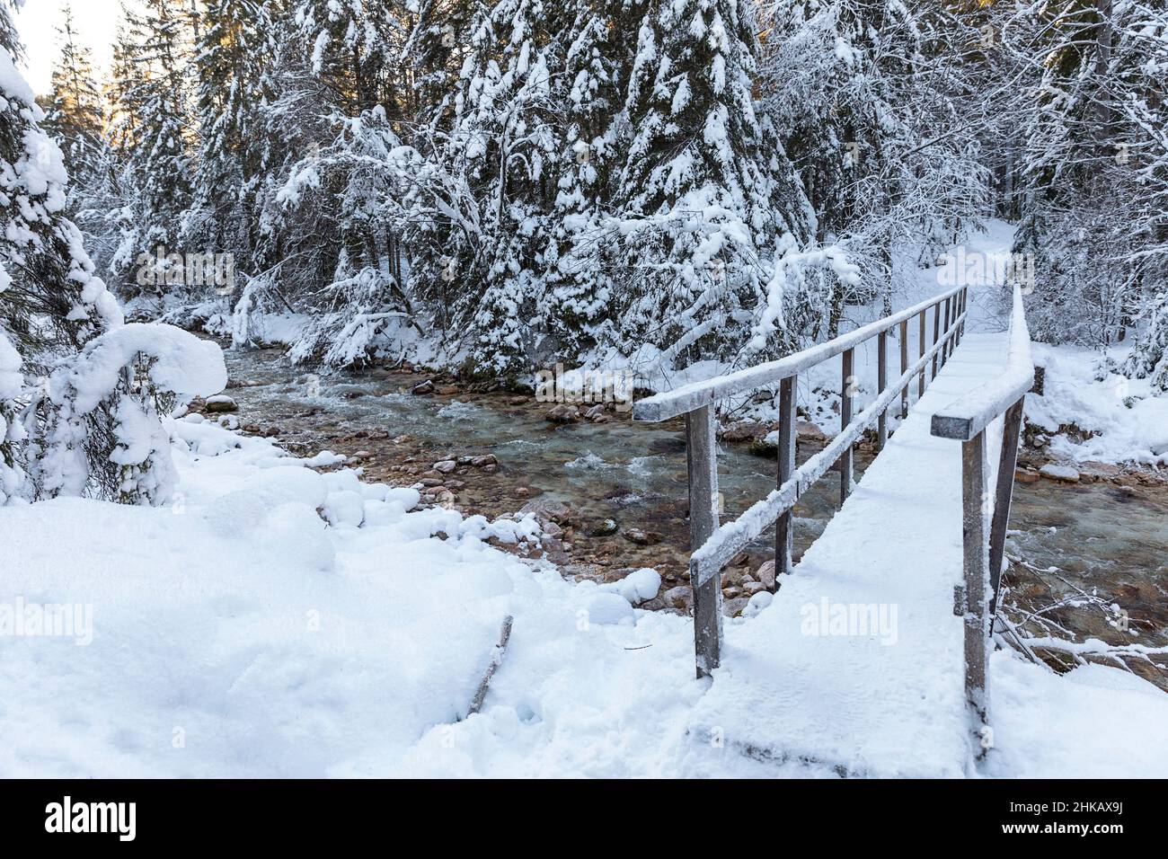 Pont en bois sur la rivière dans la neige en forêt d'hiver, vallée de Vrata, Slovénie Banque D'Images