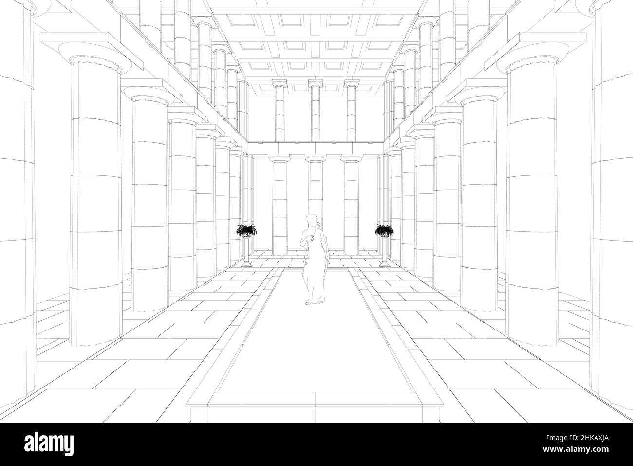 Contour de la salle avec des colonnes architecturales et une sculpture d'une femme à partir de lignes noires isolées sur fond blanc.Illustration vectorielle. Illustration de Vecteur