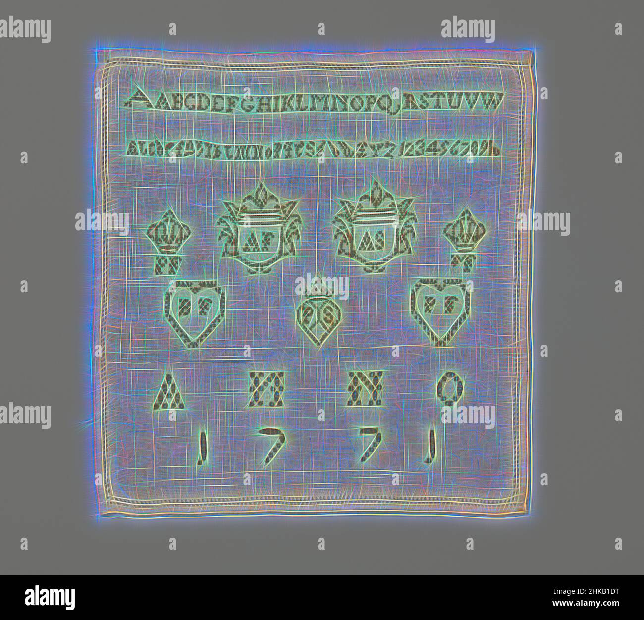 Inspiré par l'échantillonneur de lin sur lequel est brodé avec de la soie deux alphabets (impression de lettres, gothique), une série de nombres, trois boucliers, deux couronnes et deux coeurs avec des initiales et ANNO 1771, ce type d'échantillonneur sert d'outil pédagogique pour le marquage des serviettes et des mouchoirs, Qui ont été utilisés sur, réimaginé par Artotop. L'art classique réinventé avec une touche moderne. Conception de lumière chaleureuse et gaie, de luminosité et de rayonnement de lumière. La photographie s'inspire du surréalisme et du futurisme, embrassant l'énergie dynamique de la technologie moderne, du mouvement, de la vitesse et révolutionne la culture Banque D'Images