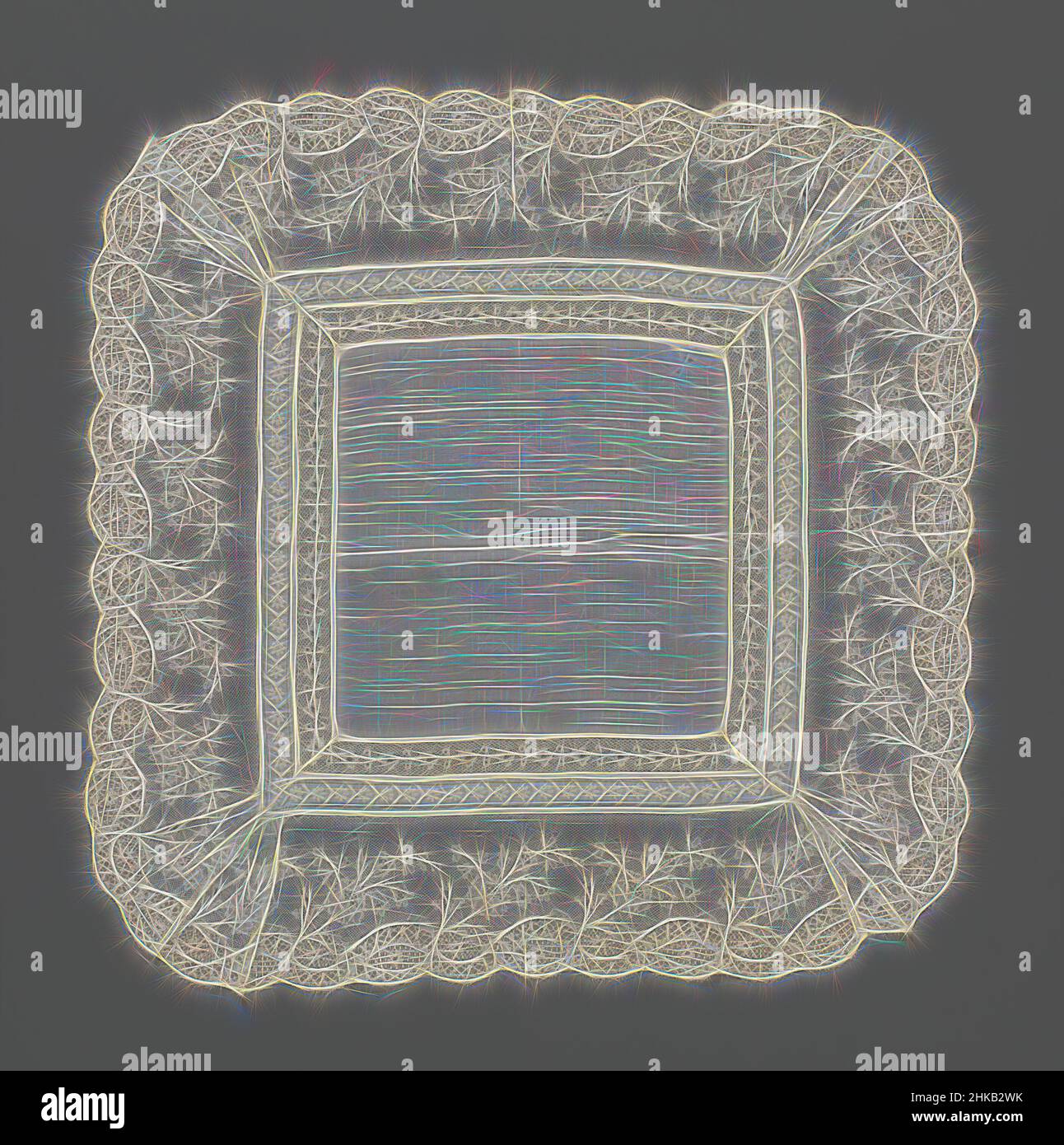 Inspiré par Handkerchief de batiste avec une triple bordure de dentelle et de broderie de bobin, Handkerchief de batiste avec une triple bordure de dentelle de bobin et de broderie. La bordure intérieure implique un entrelacement de la dentelle bobinée, suivi d'un entrelacement de broderie - le travail blanc - et ensuite terminé tout, réimaginé par Artotop. L'art classique réinventé avec une touche moderne. Conception de lumière chaleureuse et gaie, de luminosité et de rayonnement de lumière. La photographie s'inspire du surréalisme et du futurisme, embrassant l'énergie dynamique de la technologie moderne, du mouvement, de la vitesse et révolutionne la culture Banque D'Images