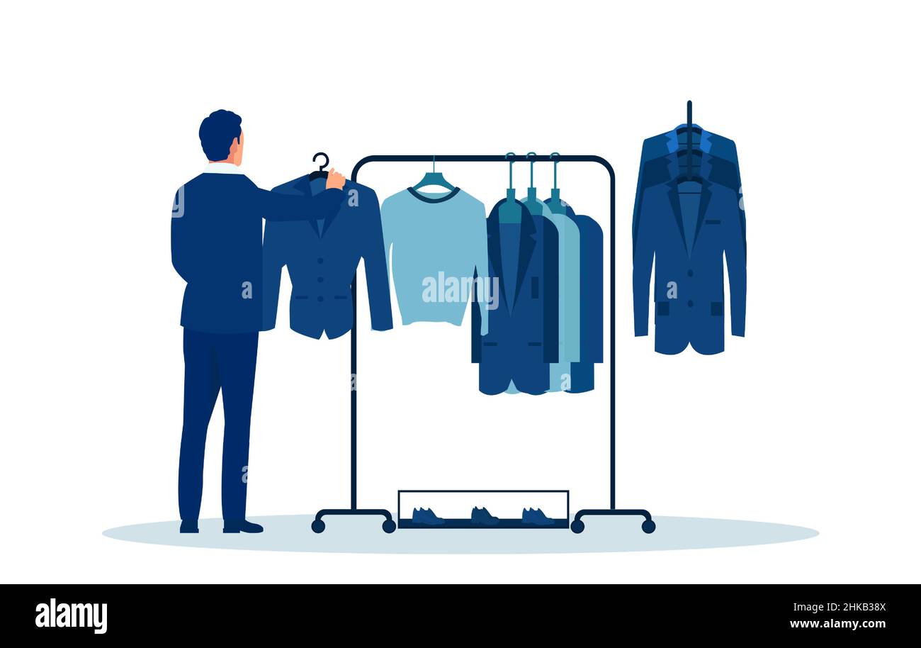 Vecteur d'un homme d'affaires près d'un rack avec des vêtements choisissant un costume Illustration de Vecteur