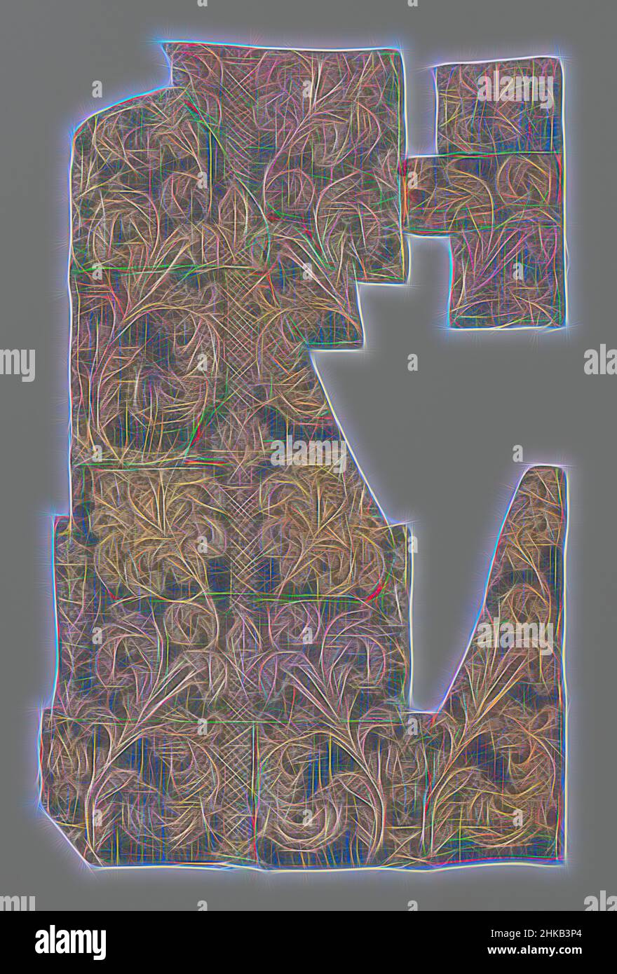 Inspiré par un fragment de tissu de soie, tissu de soie composé d'une chaîne verte avec trame d'argent pour le fond et d'une chaîne verte avec trame blanche pour le motif: À carreaux et bandes horizontales florales, entre lesquelles sont des reneaux avec de grandes fleurs et des feuilles., fabricant:, Espagne, c. 1650 - c. 1670, ketting en, réimaginé par Artotop. L'art classique réinventé avec une touche moderne. Conception de lumière chaleureuse et gaie, de luminosité et de rayonnement de lumière. La photographie s'inspire du surréalisme et du futurisme, embrassant l'énergie dynamique de la technologie moderne, du mouvement, de la vitesse et révolutionne la culture Banque D'Images