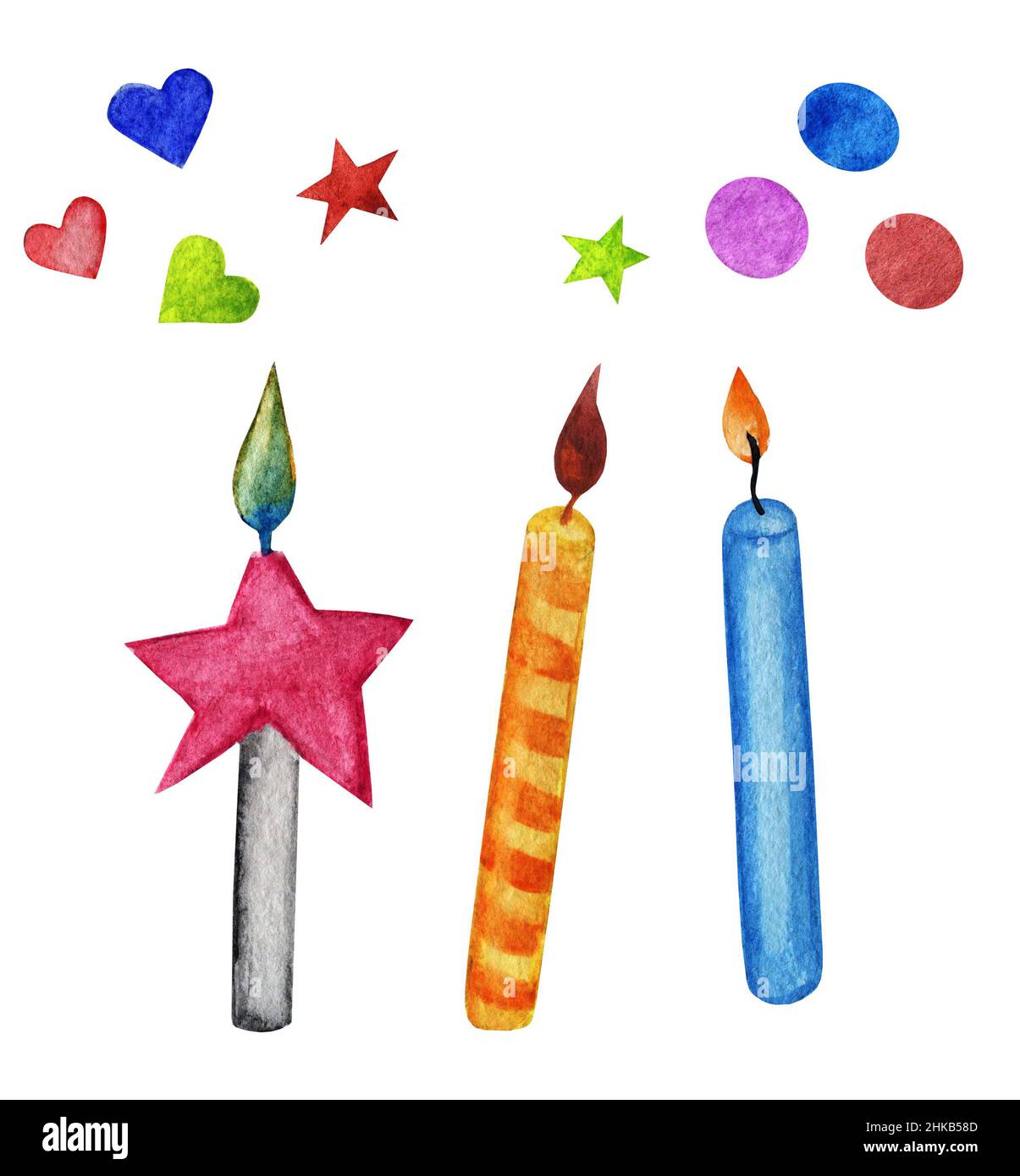 3 bougies avec des étoiles de flamme brûlantes coeurs confetti.Illustration de la nourriture aquarelle isolée sur blanc.Design pour cartes de vœux, tissus, textiles, papier peint, menu,emballage, impression, emballage, chambre bébé. Banque D'Images
