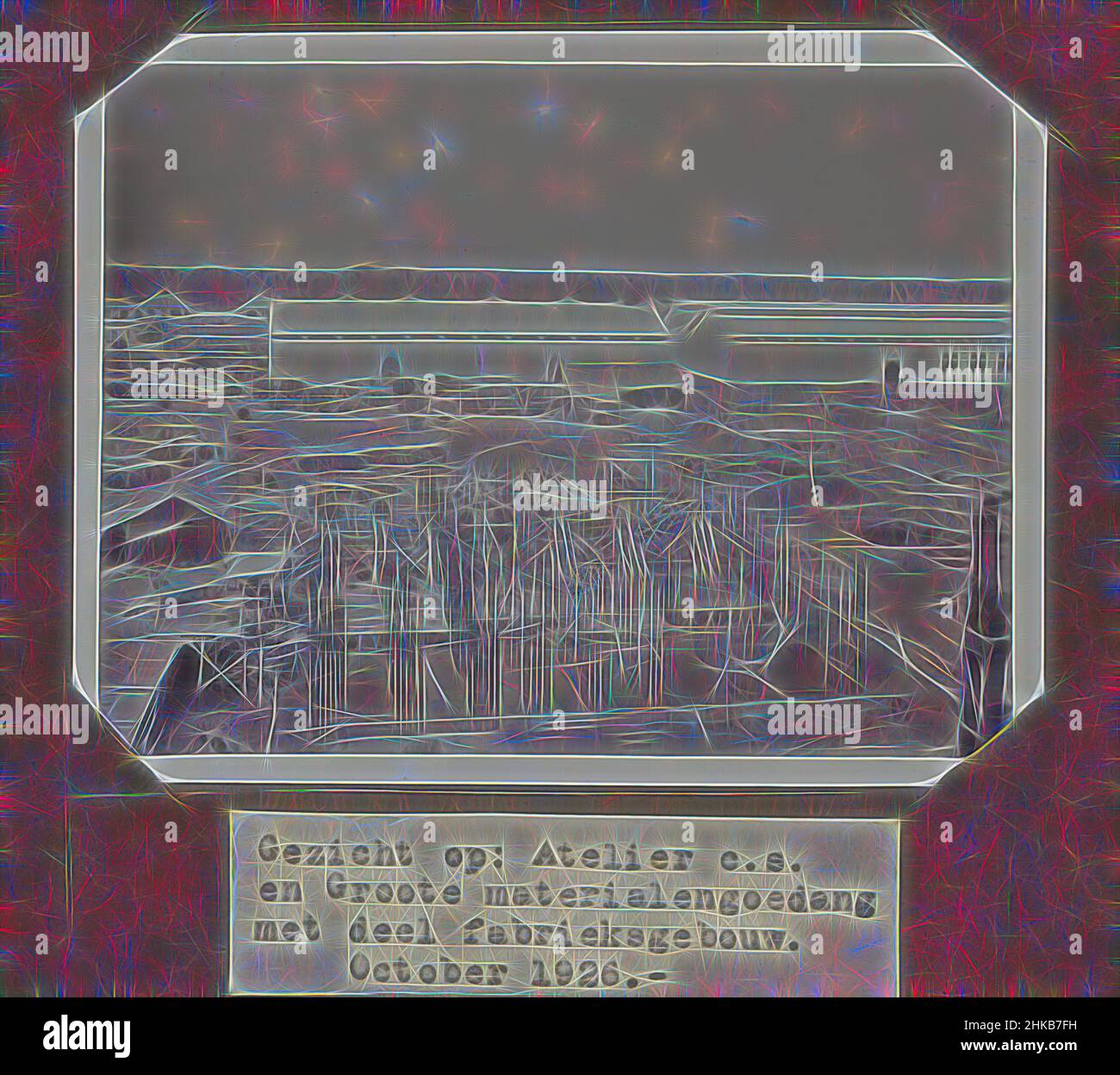 Inspiré par la vue de: Atelier c.s. et Groote materialsengoedang avec partie de construction d'usine. Octobre 1926., vue de divers bâtiments et hangars en construction sur le terrain de l'usine, octobre 1926. Partie de l'album photo avec des photos de la construction de l'usine de sucre de Goenoengsari à l'est, réimaginé par Artotop. L'art classique réinventé avec une touche moderne. Conception de lumière chaleureuse et gaie, de luminosité et de rayonnement de lumière. La photographie s'inspire du surréalisme et du futurisme, embrassant l'énergie dynamique de la technologie moderne, du mouvement, de la vitesse et révolutionne la culture Banque D'Images
