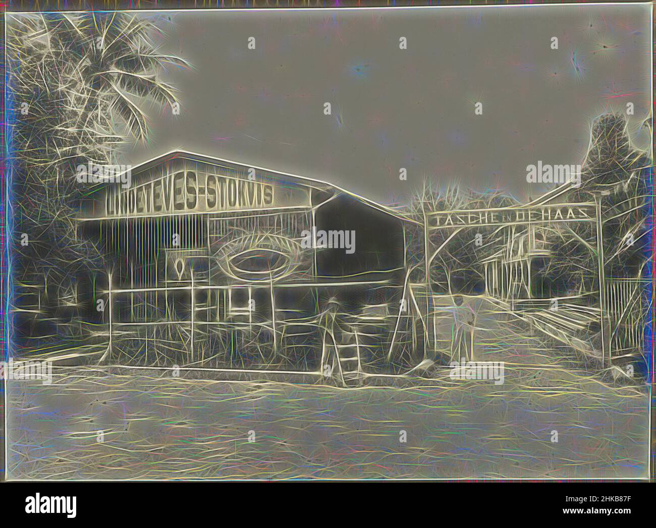 Inspirés par les entreprises locales, deux entreprises locales d'Européens ont appelé Lindeteves-Stokvis (pneus de voiture) et Tasche et de Haas, probablement à Medan. Photo dans l'album photo de la société néerlandaise d'architecture et de sous-traitance Bennink et Riphagen à Medan dans les années ca. 1914-1919., Medan, 1914 - 1919, réimaginé par Artotop. L'art classique réinventé avec une touche moderne. Conception de lumière chaleureuse et gaie, de luminosité et de rayonnement de lumière. La photographie s'inspire du surréalisme et du futurisme, embrassant l'énergie dynamique de la technologie moderne, du mouvement, de la vitesse et révolutionne la culture Banque D'Images