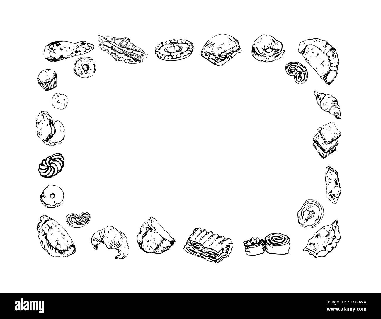 Pain et produits de boulangerie à la main cadre.Patisserie vintage croquis vectoriels stylisés.Copier l'espace.Éléments de dessin au trait pour les tirages Illustration de Vecteur