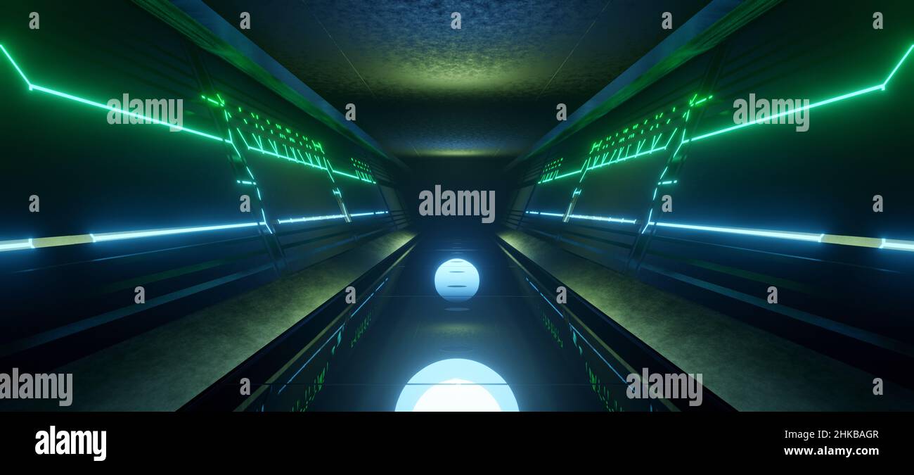 Scifi SpacecraftCorridor couloir Hangar Interior Club Neon laser brillant avec Pale Turquoise couleurs 3D rendu Banque D'Images