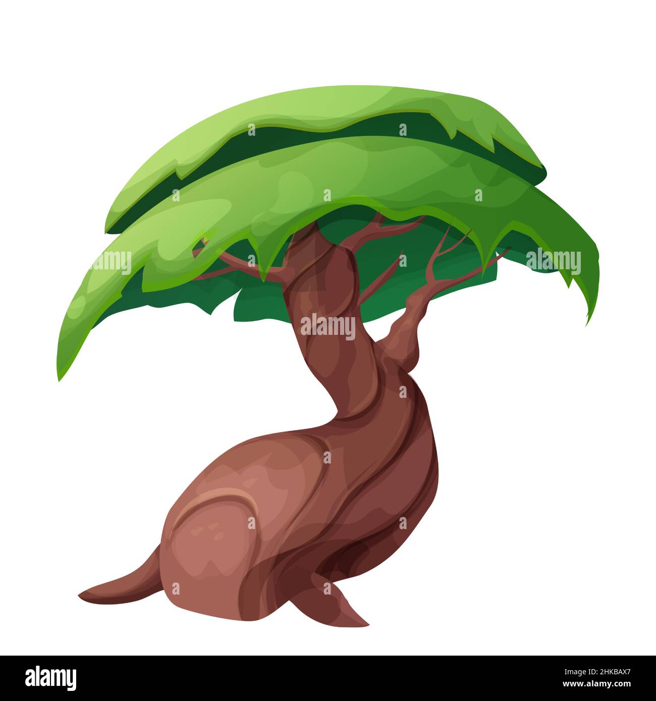 Arbre magique de fée, avec grand tronc, racines et feuillage de style dessin animé isolé sur fond blanc. Plante forestière, actif de jeu..Illustration vectorielle Illustration de Vecteur