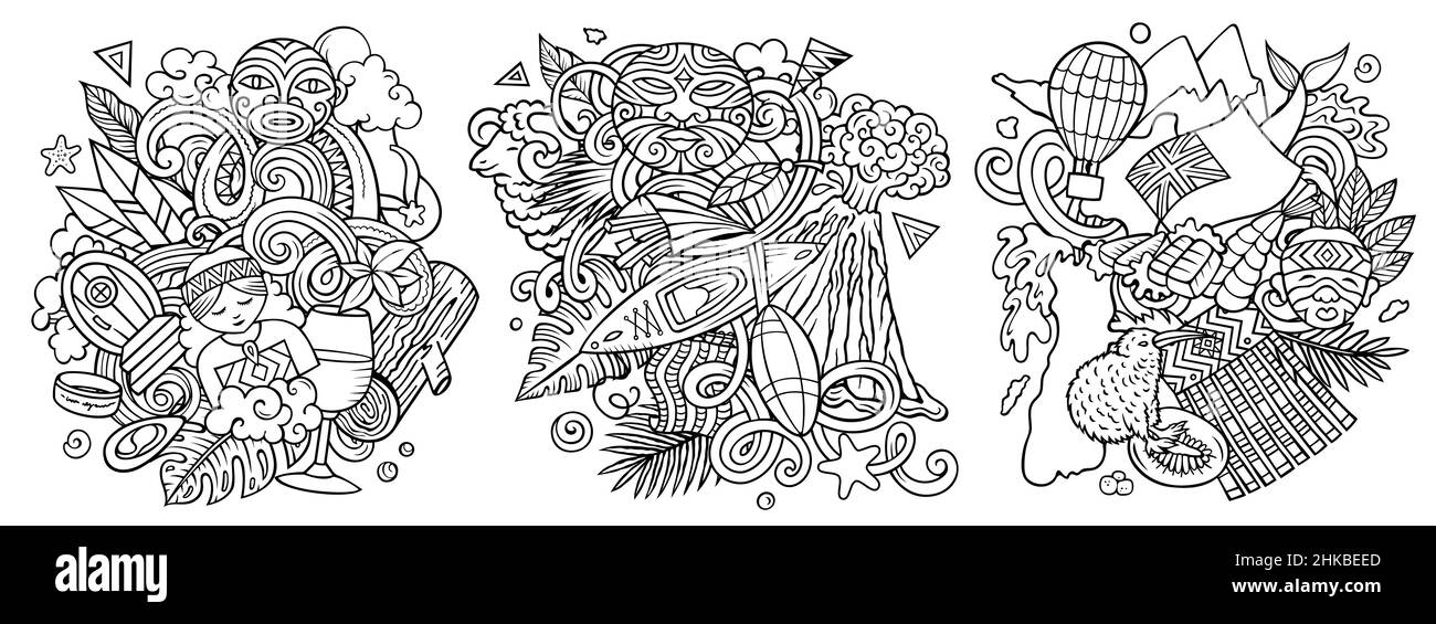 Ensemble de motifs de dessin animé à motif caniche New Zealand.Compositions détaillées et esquchy avec beaucoup de symboles traditionnels.Isolé sur des illustrations blanches Illustration de Vecteur