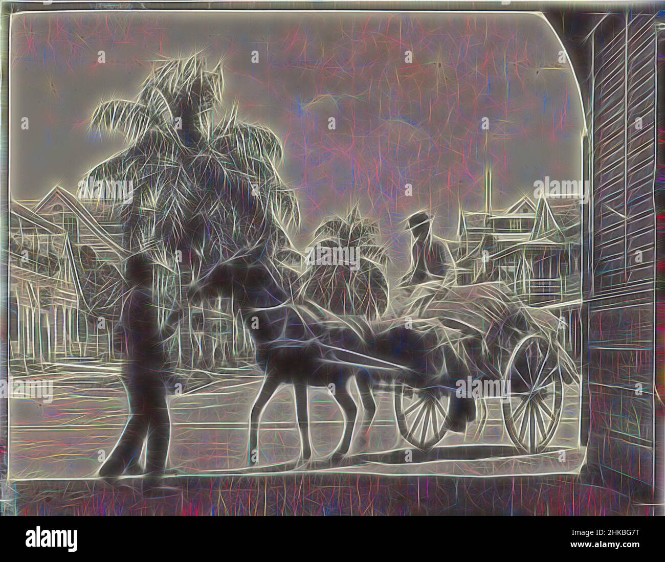 Inspiré par Wagon au hangar du KWIM, vue d'un cheval et d'un wagon devant l'entrée du hangar du KWIM sur Jodenbreestraat à Paramaribo, octobre 1908. Partie de l'album photo de la famille Boom-Gonggrijp au Suriname et Curaçao., Andries Augustus Boom, Paramaribo, oct-1908, hauteur 83, Repensé par Artotop. L'art classique réinventé avec une touche moderne. Conception de lumière chaleureuse et gaie, de luminosité et de rayonnement de lumière. La photographie s'inspire du surréalisme et du futurisme, embrassant l'énergie dynamique de la technologie moderne, du mouvement, de la vitesse et révolutionne la culture Banque D'Images