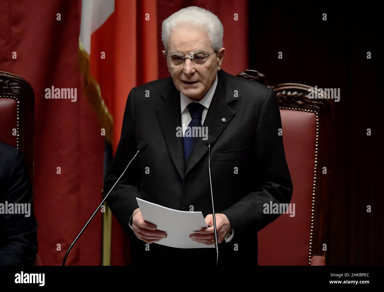 Le Président italien Sergio Mattarella prononce un discours lors de la