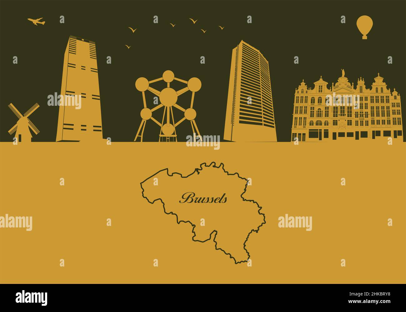 Silhouette de la ville de Bruxelles - illustration, ville en arrière-plan beige, carte de Belgique Illustration de Vecteur