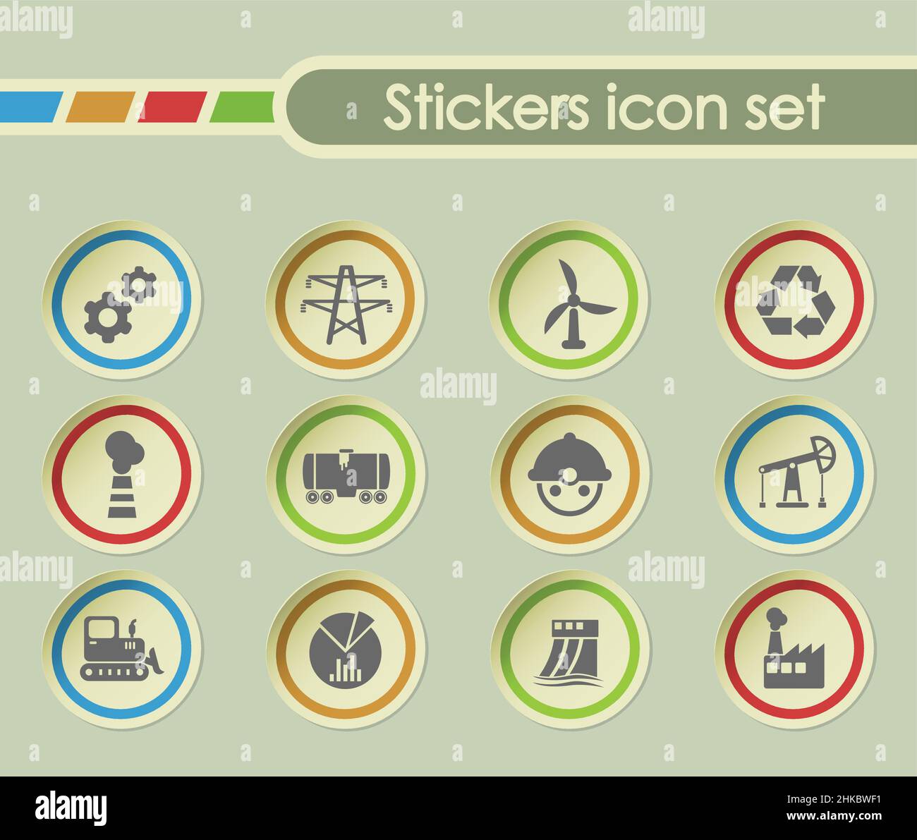 icônes vectorielles simples de l'industrie sur des autocollants ronds Illustration de Vecteur