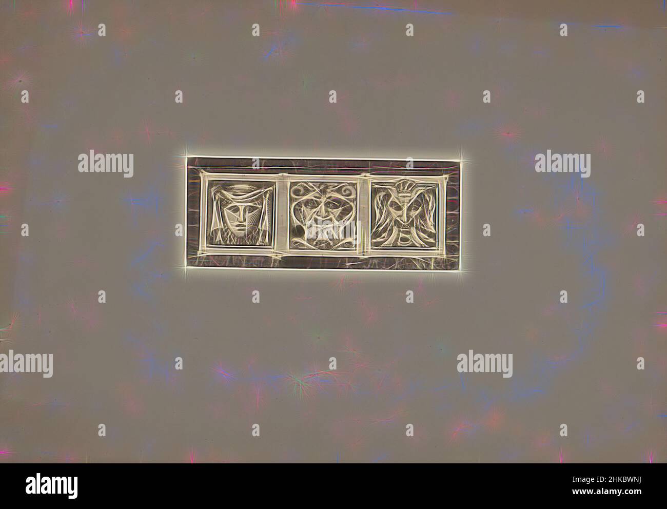 Inspiré par trois têtes de masque sur un mur, c. 1875 - c. 1900, imprimé albumine, hauteur 51 mm × largeur 129 mm, repensé par Artotop. L'art classique réinventé avec une touche moderne. Conception de lumière chaleureuse et gaie, de luminosité et de rayonnement de lumière. La photographie s'inspire du surréalisme et du futurisme, embrassant l'énergie dynamique de la technologie moderne, du mouvement, de la vitesse et révolutionne la culture Banque D'Images