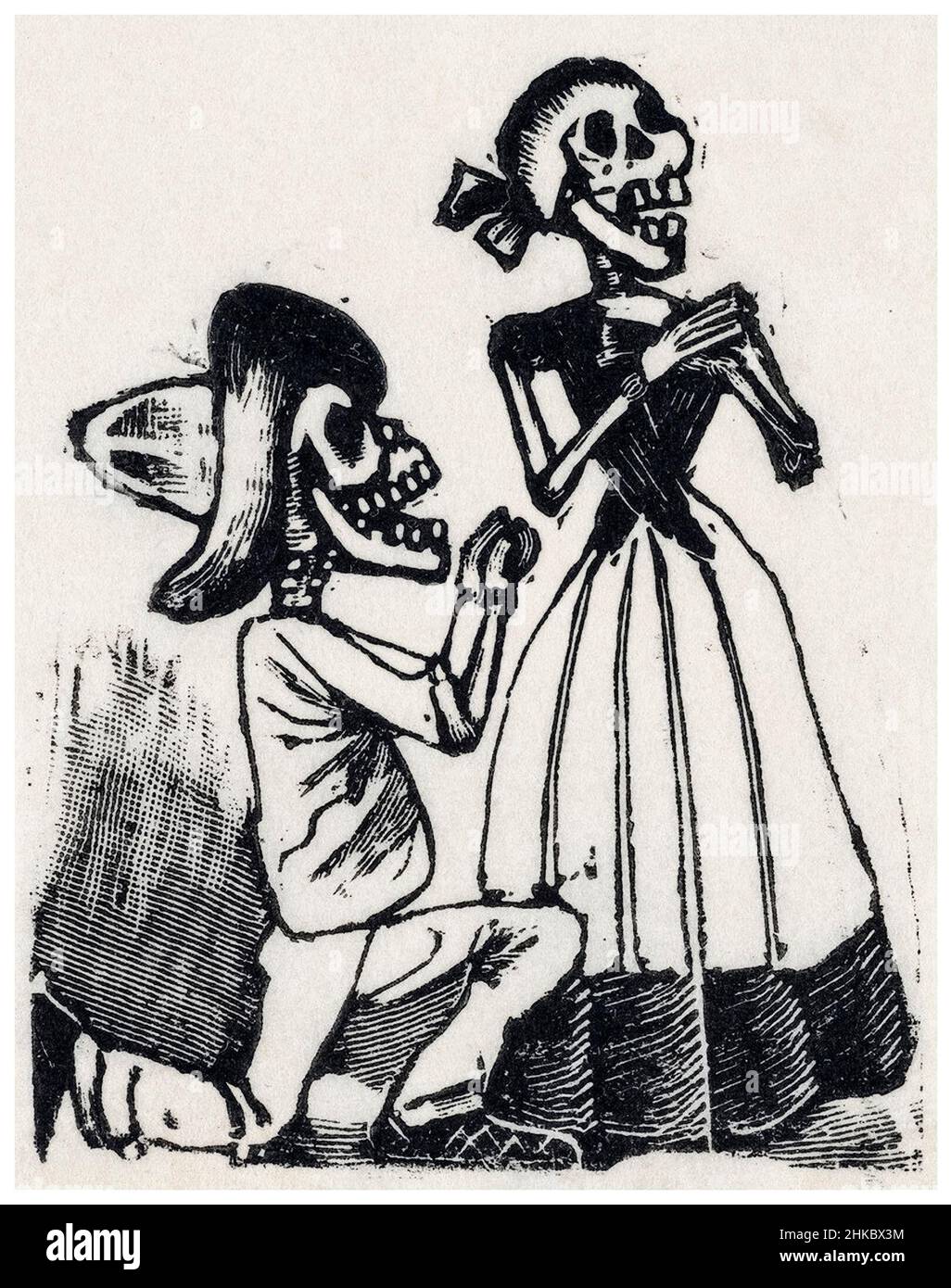 Un squelette mâle sur ses genoux devant un squelette femelle, (vignette pour la fête des morts), gravure de plaque métallique par José Guadalupe Posada, 1890-1910 Banque D'Images