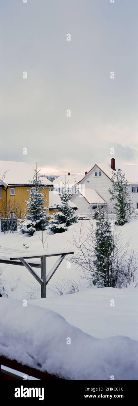 Banlieue extérieure de Trondheim, comté de Trøndelag, Norvège dans la neige.Bâtiments en bois à triple paroi, vue panoramique verticale. Banque D'Images