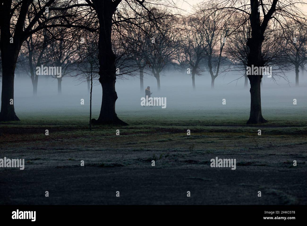 Les piétons marchent dans un parc couvert de brume à Ilford, dans l'est de Londres, le matin, car la température a chuté. Banque D'Images