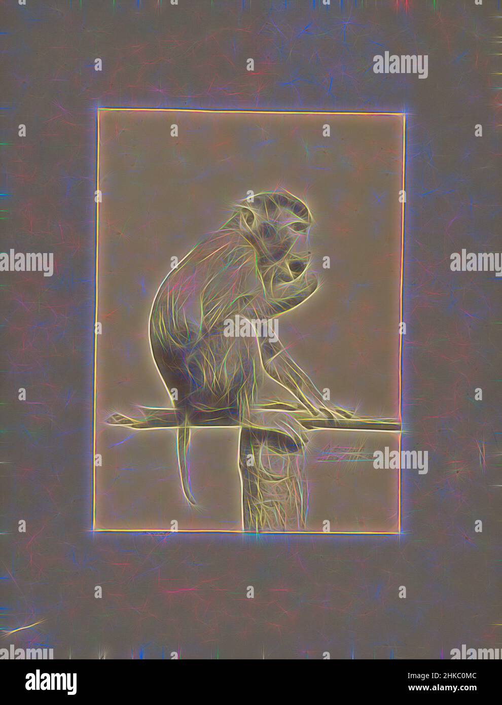 Inspiré par Monkey sur un bâton mettant quelque chose dans sa bouche, Ottomar Anschütz, c. 1886, imprimé albumine, hauteur 202 mm × largeur 147 mm, repensé par Artotop. L'art classique réinventé avec une touche moderne. Conception de lumière chaleureuse et gaie, de luminosité et de rayonnement de lumière. La photographie s'inspire du surréalisme et du futurisme, embrassant l'énergie dynamique de la technologie moderne, du mouvement, de la vitesse et révolutionne la culture Banque D'Images