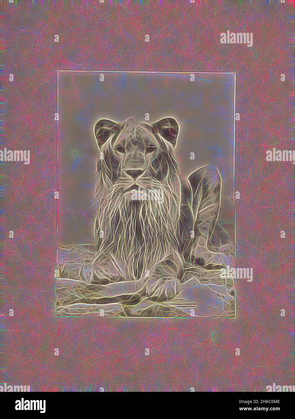 Inspiré par Lion, Ottomar Anschütz, c. 1888, imprimé albumine, hauteur 205 mm × largeur 149 mm, repensé par Artotop. L'art classique réinventé avec une touche moderne. Conception de lumière chaleureuse et gaie, de luminosité et de rayonnement de lumière. La photographie s'inspire du surréalisme et du futurisme, embrassant l'énergie dynamique de la technologie moderne, du mouvement, de la vitesse et révolutionne la culture Banque D'Images