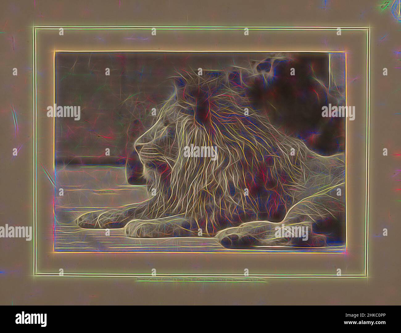 Inspiré par Lion dans un zoo de Londres, Thomas James Dixon, éditeur: Henry Dixon, Londres, c. 1879, empreinte carbone, hauteur 242 mm × largeur 353 mm, revisitée par Artotop. L'art classique réinventé avec une touche moderne. Conception de lumière chaleureuse et gaie, de luminosité et de rayonnement de lumière. La photographie s'inspire du surréalisme et du futurisme, embrassant l'énergie dynamique de la technologie moderne, du mouvement, de la vitesse et révolutionne la culture Banque D'Images