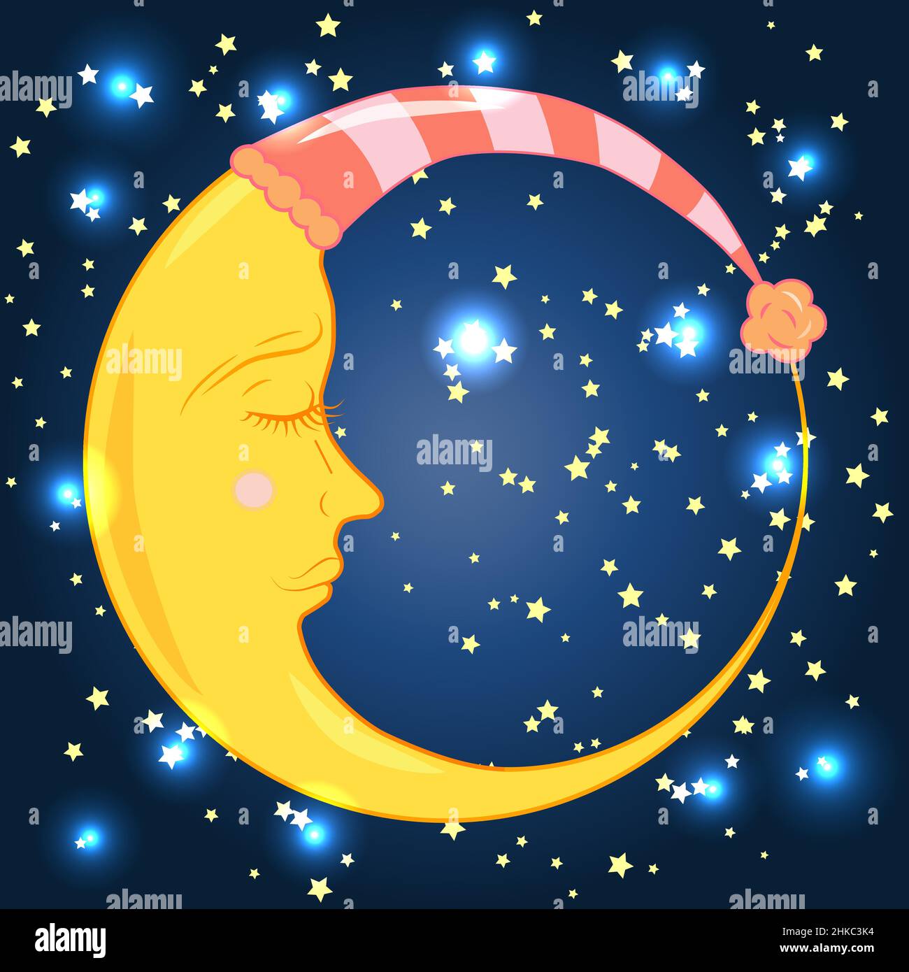 Un jeune mois dans une casquette de sommeil avec un oeil fermé dans un ciel bleu de nuit avec des étoiles. Illustration de Vecteur