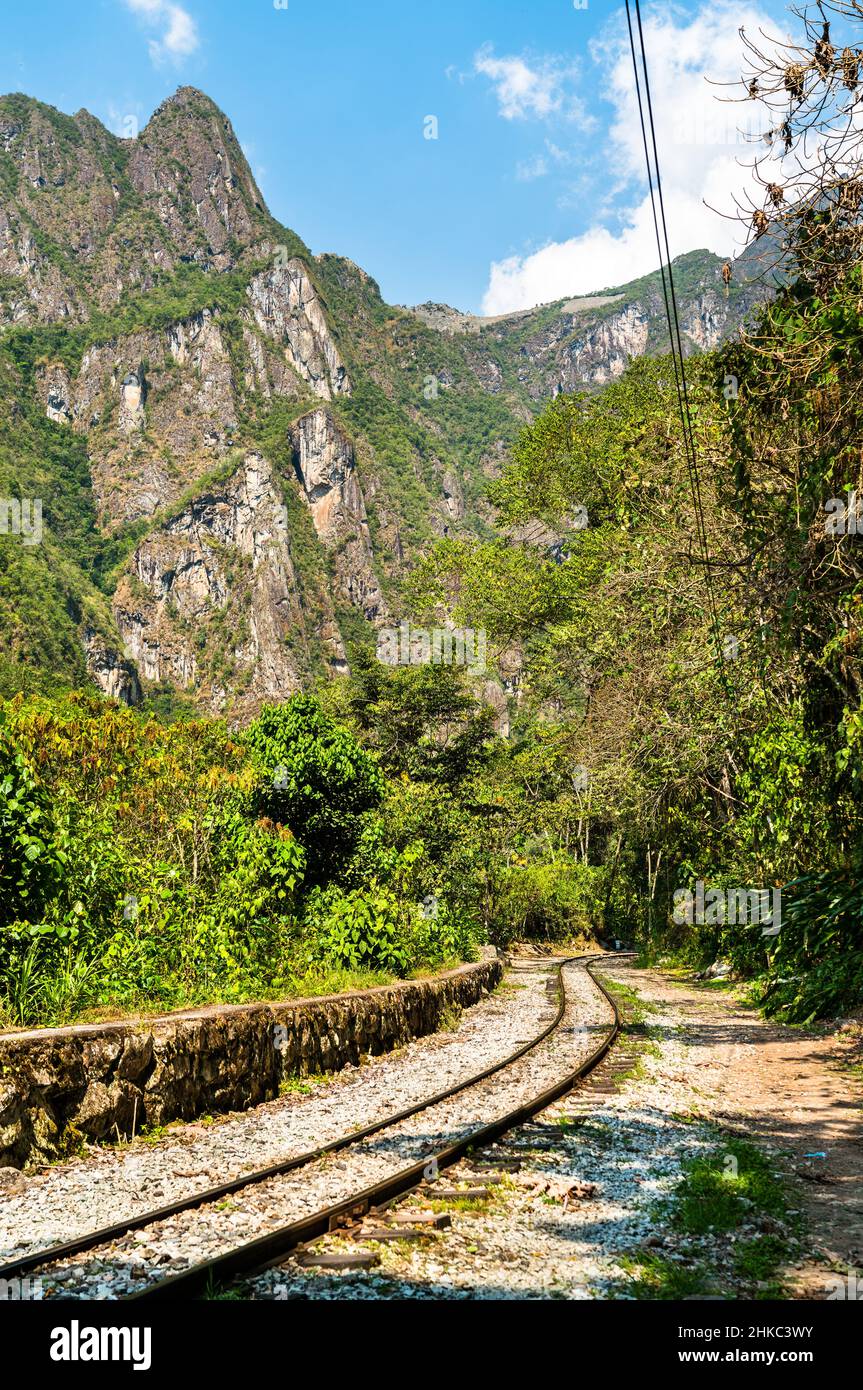 Chemin de fer de Machu Picchu à la gare de Hidroelectrica au Pérou Banque D'Images