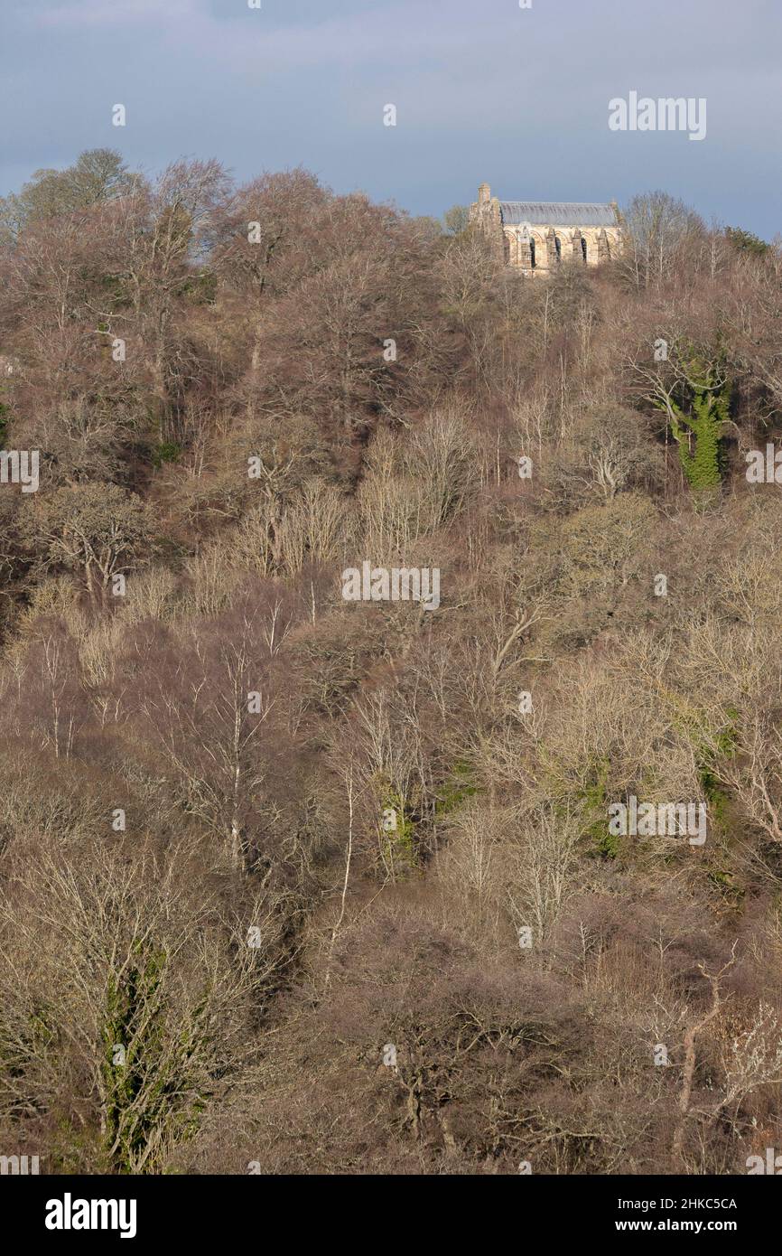 Chapelle Rosslyn entourée d'arbres en hiver, Roslin Glen, Midlothian, Écosse Banque D'Images