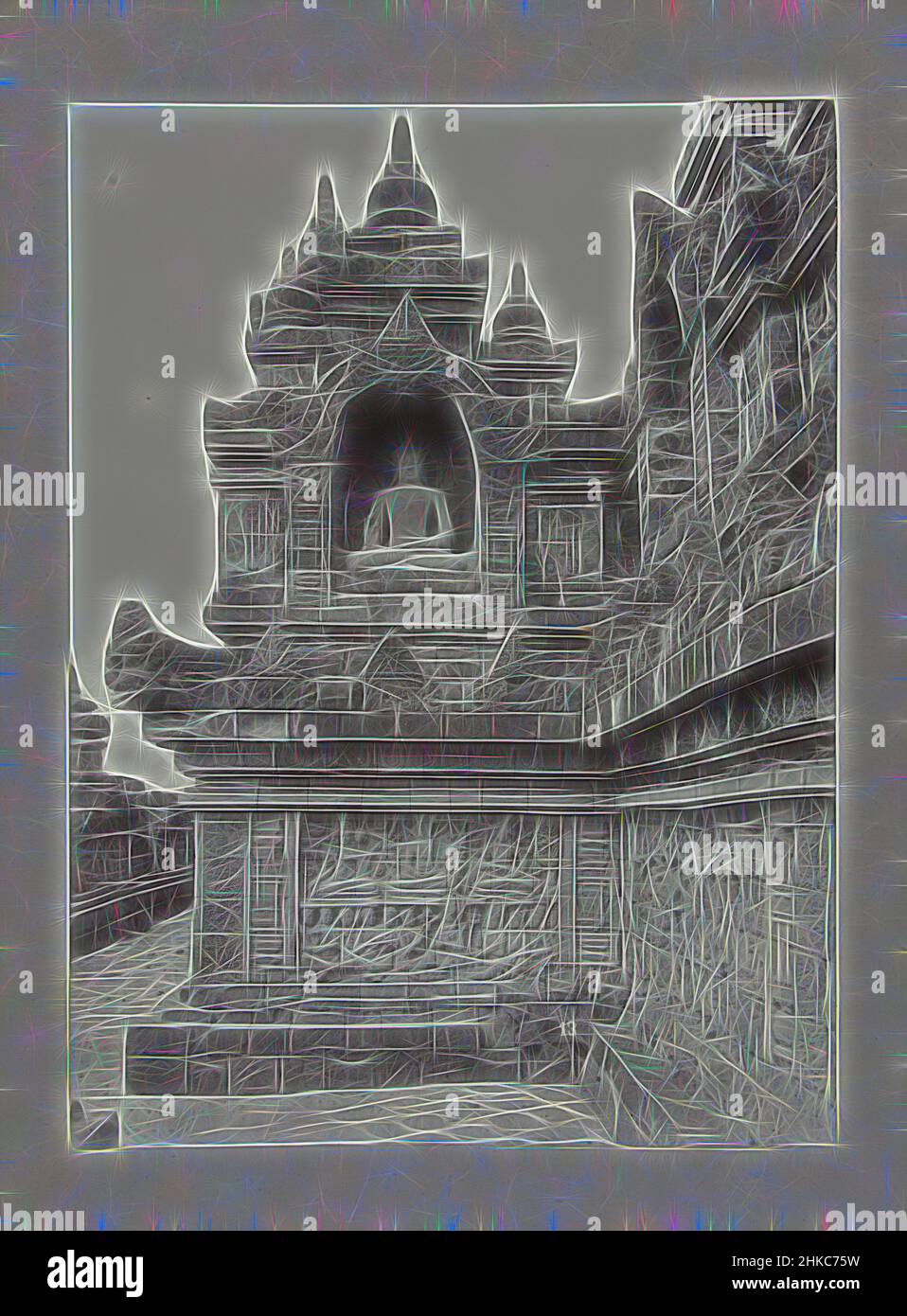 Inspiré par la Galerie du Borobudur (Borobudur) avec une statue de Bouddha, près de Magelang, pays-Bas est Indies80. Borobudur, Galerie du Borobudur (Borobudur) avec une statue de Bouddha, près de Magelang, les Indes orientales néerlandaises, Onnes Kurkdjian, Magelang, c. 1895 - c. 1915, papier, imprimé en gélatine argentée, repensé par Artotop. L'art classique réinventé avec une touche moderne. Conception de lumière chaleureuse et gaie, de luminosité et de rayonnement de lumière. La photographie s'inspire du surréalisme et du futurisme, embrassant l'énergie dynamique de la technologie moderne, du mouvement, de la vitesse et révolutionne la culture Banque D'Images