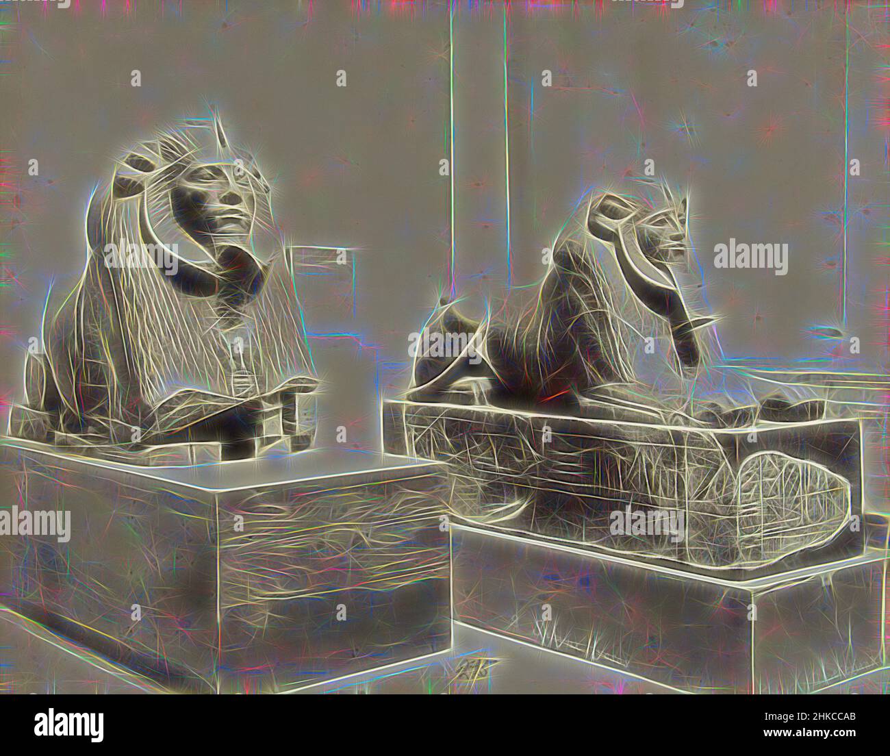 Inspiré par deux sphinx sur un block2. Sphynx Hycsos, G. Lekegian & Co., Egypte, c. 1880 - c. 1900, imprimé albumine, hauteur 22 mm × largeur 277 mm hauteur 277 mm × largeur 367 mm, repensé par Artotop. L'art classique réinventé avec une touche moderne. Conception de lumière chaleureuse et gaie, de luminosité et de rayonnement de lumière. La photographie s'inspire du surréalisme et du futurisme, embrassant l'énergie dynamique de la technologie moderne, du mouvement, de la vitesse et révolutionne la culture Banque D'Images