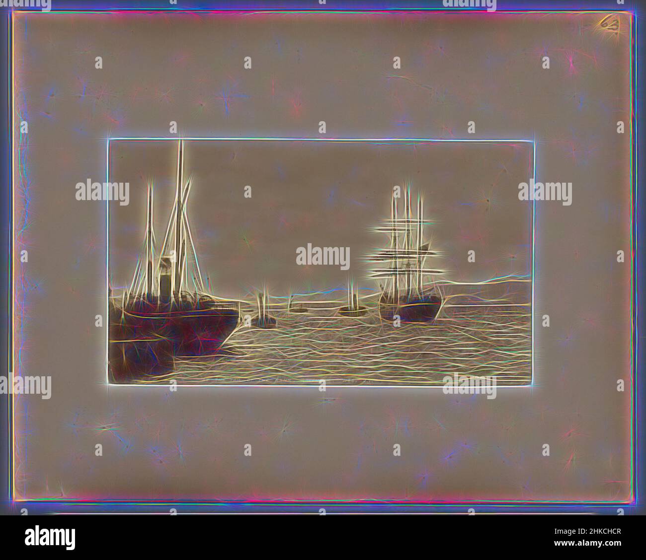 Inspiré par Seascape avec des navires (à la queue de la banque, Greenock), James Valentine, c. 1865 - c. 1890, papier, imprimé albumine, hauteur 115 mm × largeur 200 mm hauteur 231 mm × largeur 293 mm, réimaginé par Artotop. L'art classique réinventé avec une touche moderne. Conception de lumière chaleureuse et gaie, de luminosité et de rayonnement de lumière. La photographie s'inspire du surréalisme et du futurisme, embrassant l'énergie dynamique de la technologie moderne, du mouvement, de la vitesse et révolutionne la culture Banque D'Images