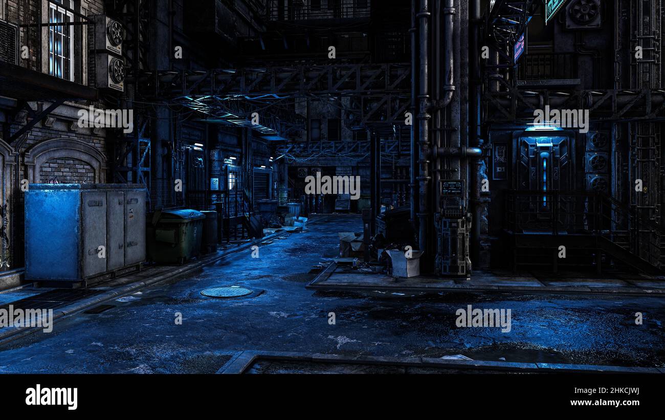 Un arrière-rue sombre et louche dans une future ville de cyber-punk aux tons bleus.3D rendu. Banque D'Images