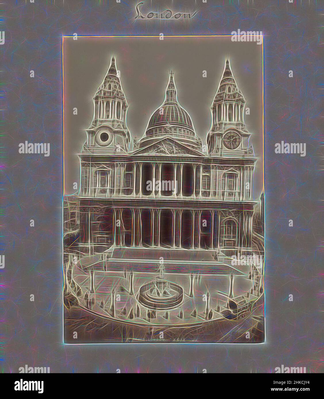 Inspiré par la cathédrale Saint-Paul, Londres, Angleterre, vue frontale sur la partie ouest de Saint-Paul, depuis un point de vue élevé. Un certain nombre de personnes et à gauche et à droite un cheval et une charrette., James Valentine, c. 1870 - c. 1890, papier, imprimé albumine, hauteur 209 mm × largeur 136 mm hauteur 269 mm × largeur 229, repensé par Artotop. L'art classique réinventé avec une touche moderne. Conception de lumière chaleureuse et gaie, de luminosité et de rayonnement de lumière. La photographie s'inspire du surréalisme et du futurisme, embrassant l'énergie dynamique de la technologie moderne, du mouvement, de la vitesse et révolutionne la culture Banque D'Images